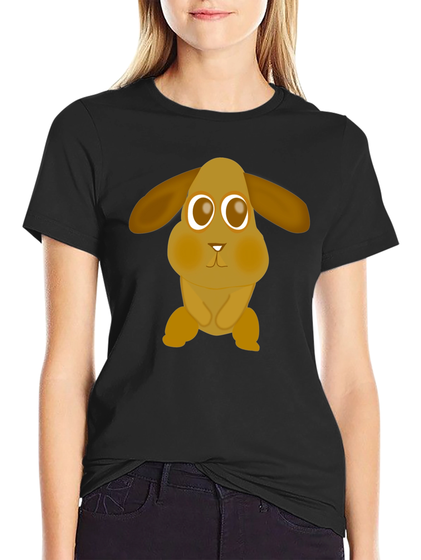 Black Cute Cartoon Bunny Graphic Tee - Soft Cotton Comfort view 2