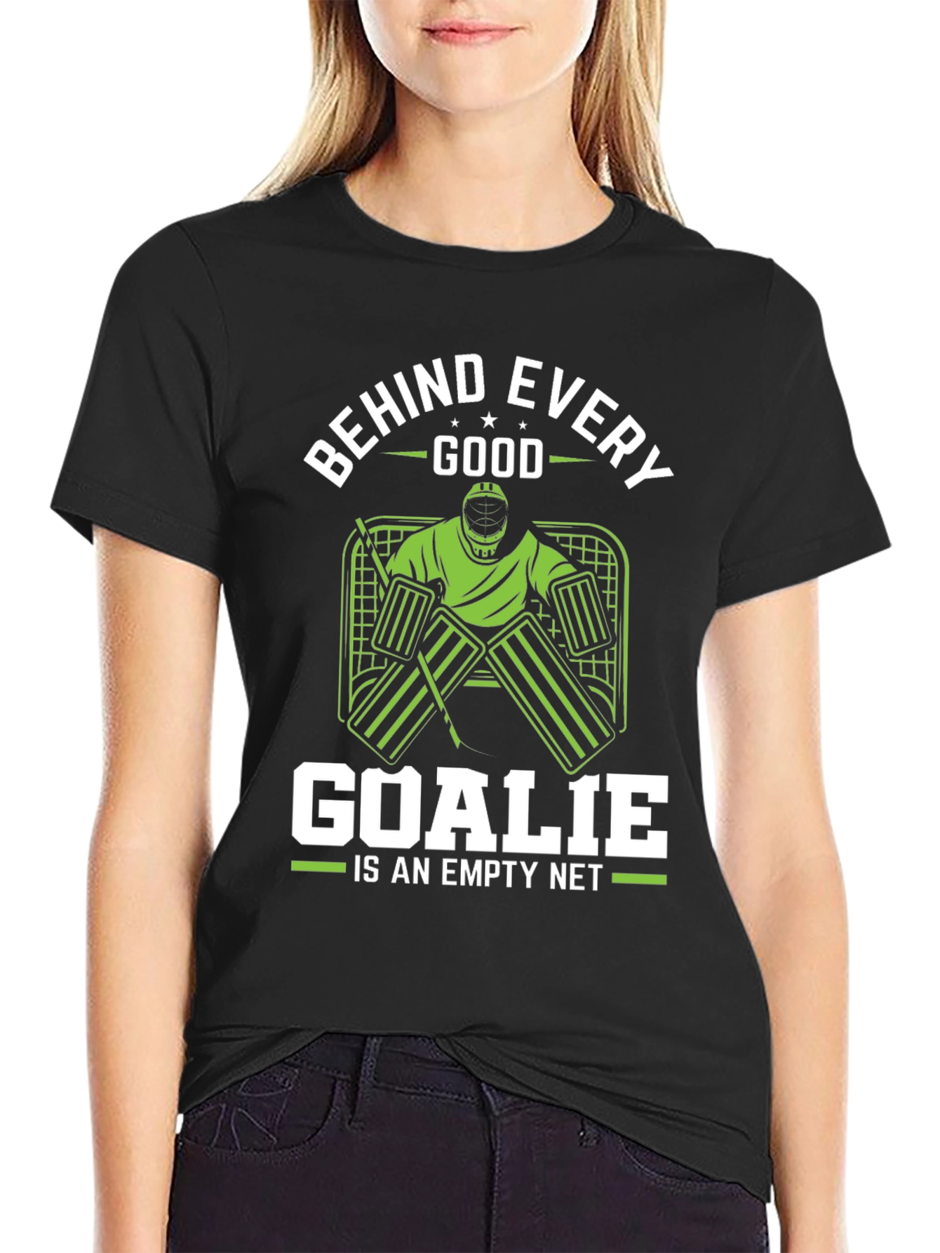 Black Funny Hockey Goalie T-Shirt - Behind Every Good Goalie view 2