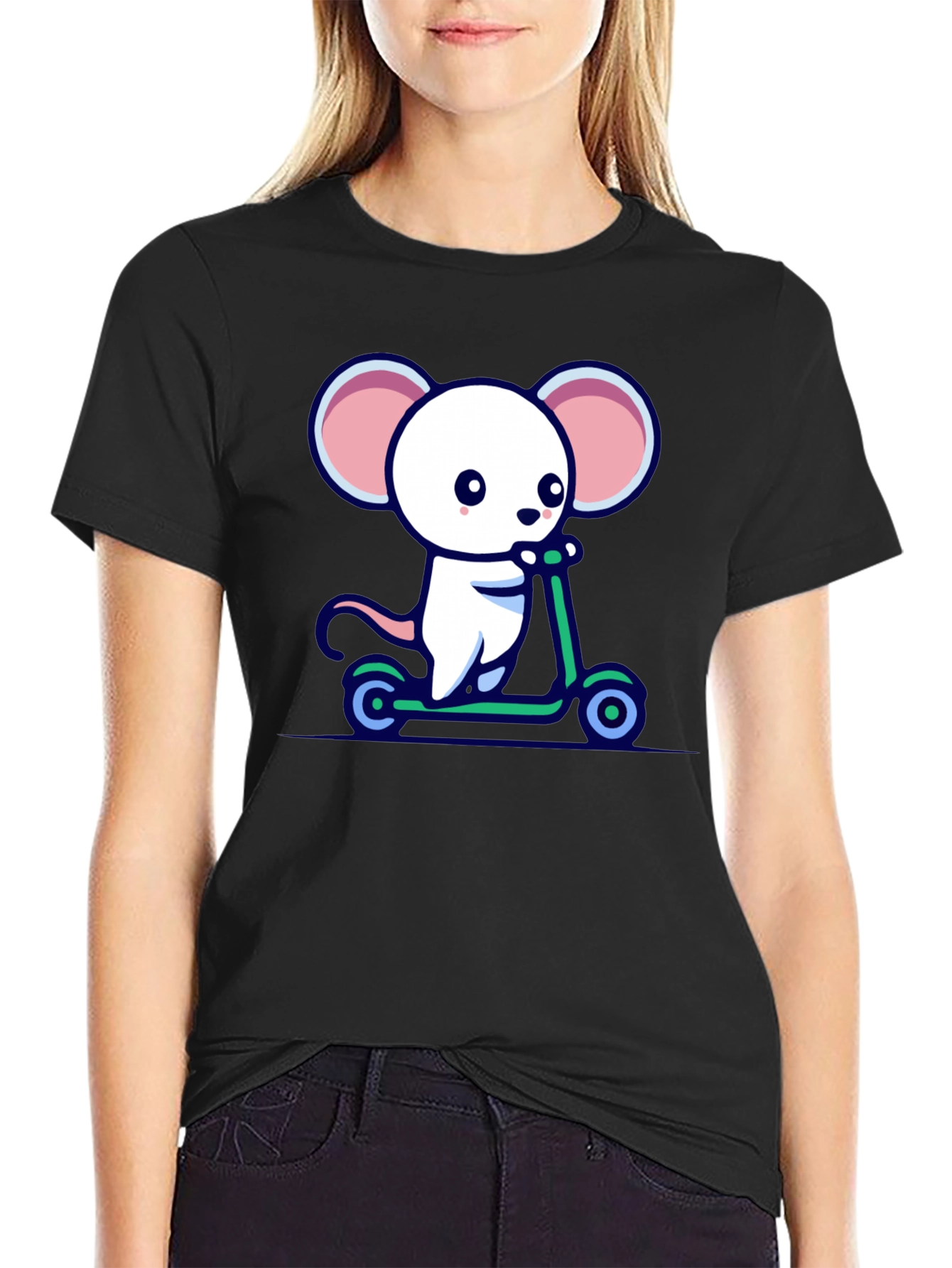 Black Cute Mouse Scooter Ride Graphic Tee - Black Cotton Comfort view 2