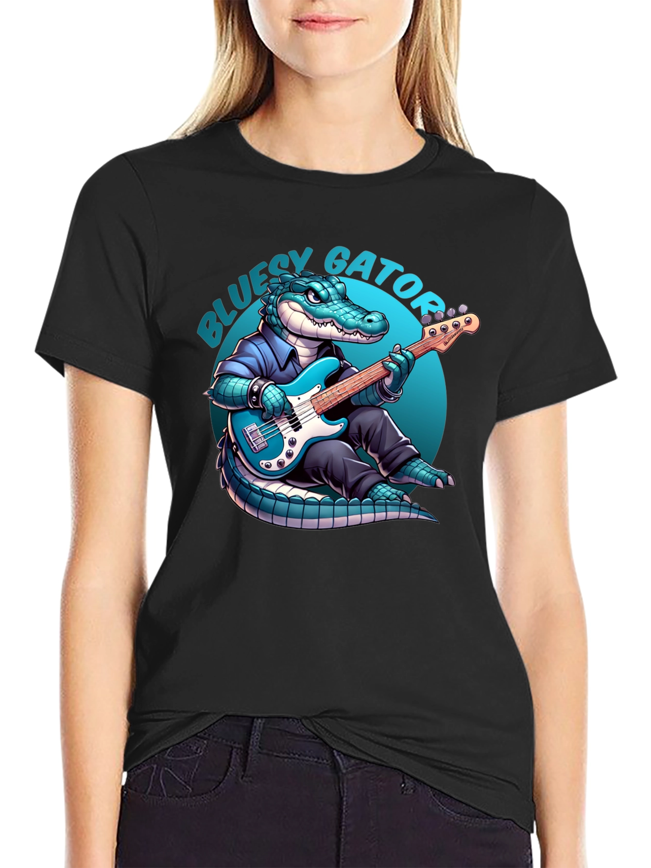 Black Bluesy Gator T-Shirt: Alligator Playing Bass Guitar view 2