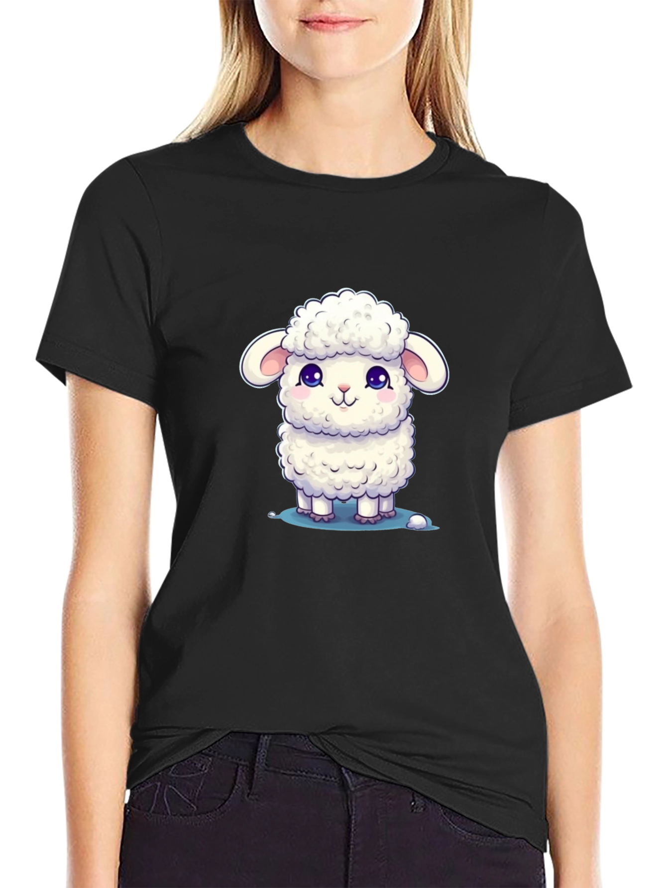 Black Cute Lamb Graphic Tee - Black Cotton Blend view 2