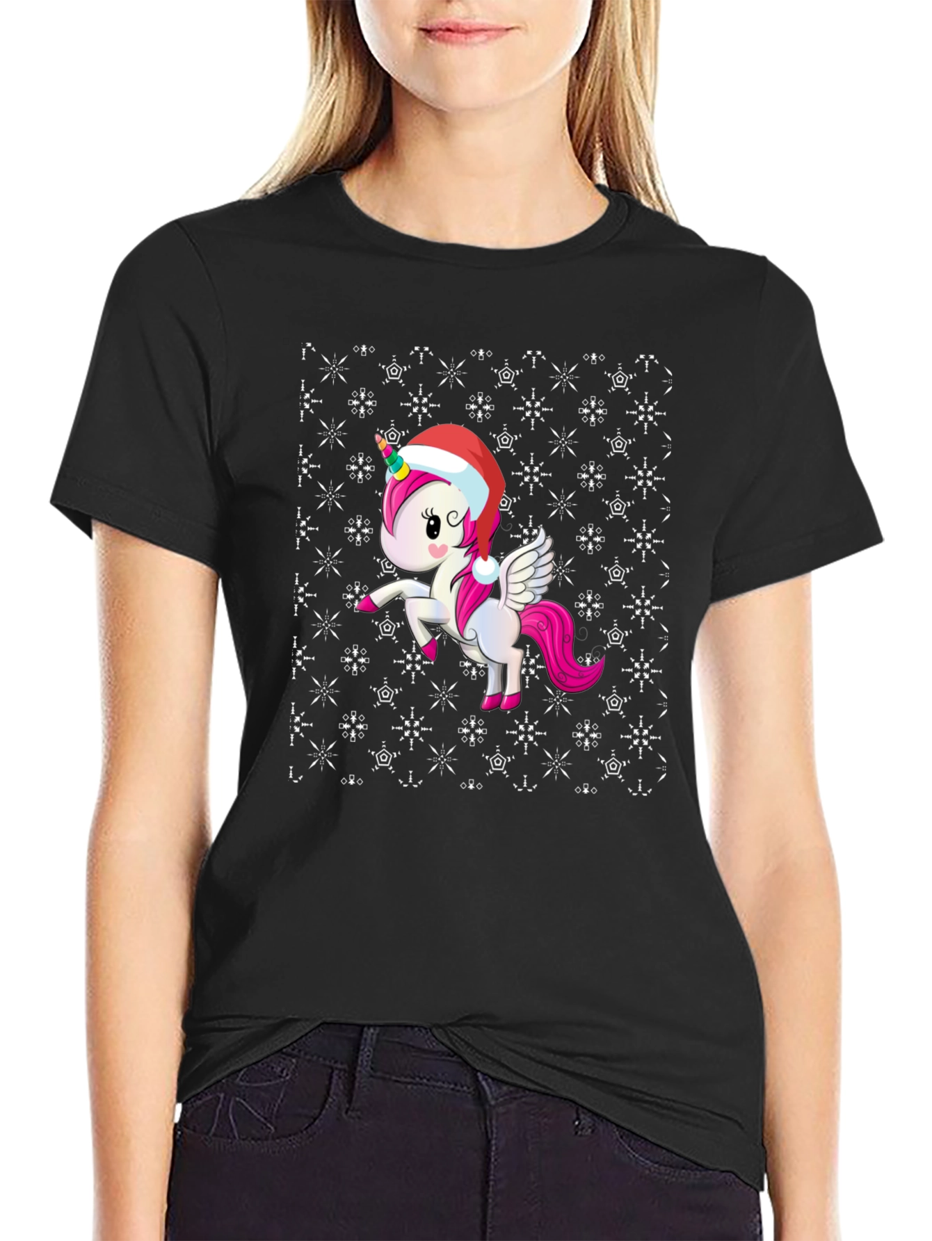 Black Festive Unicorn Christmas T-Shirt view 2
