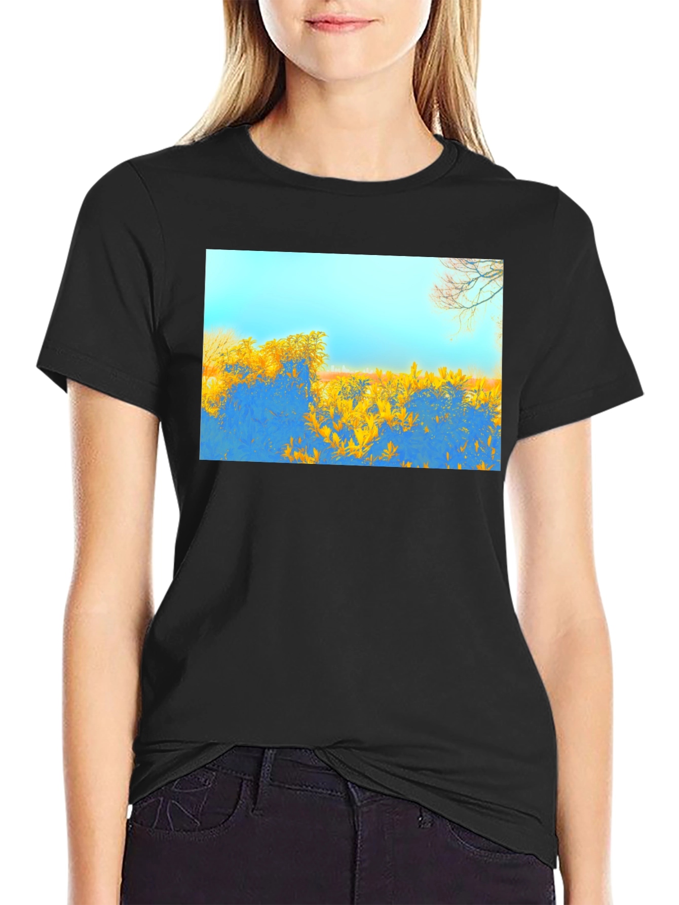 Black Abstract Landscape Graphic Tee - Black Cotton Blend view 2