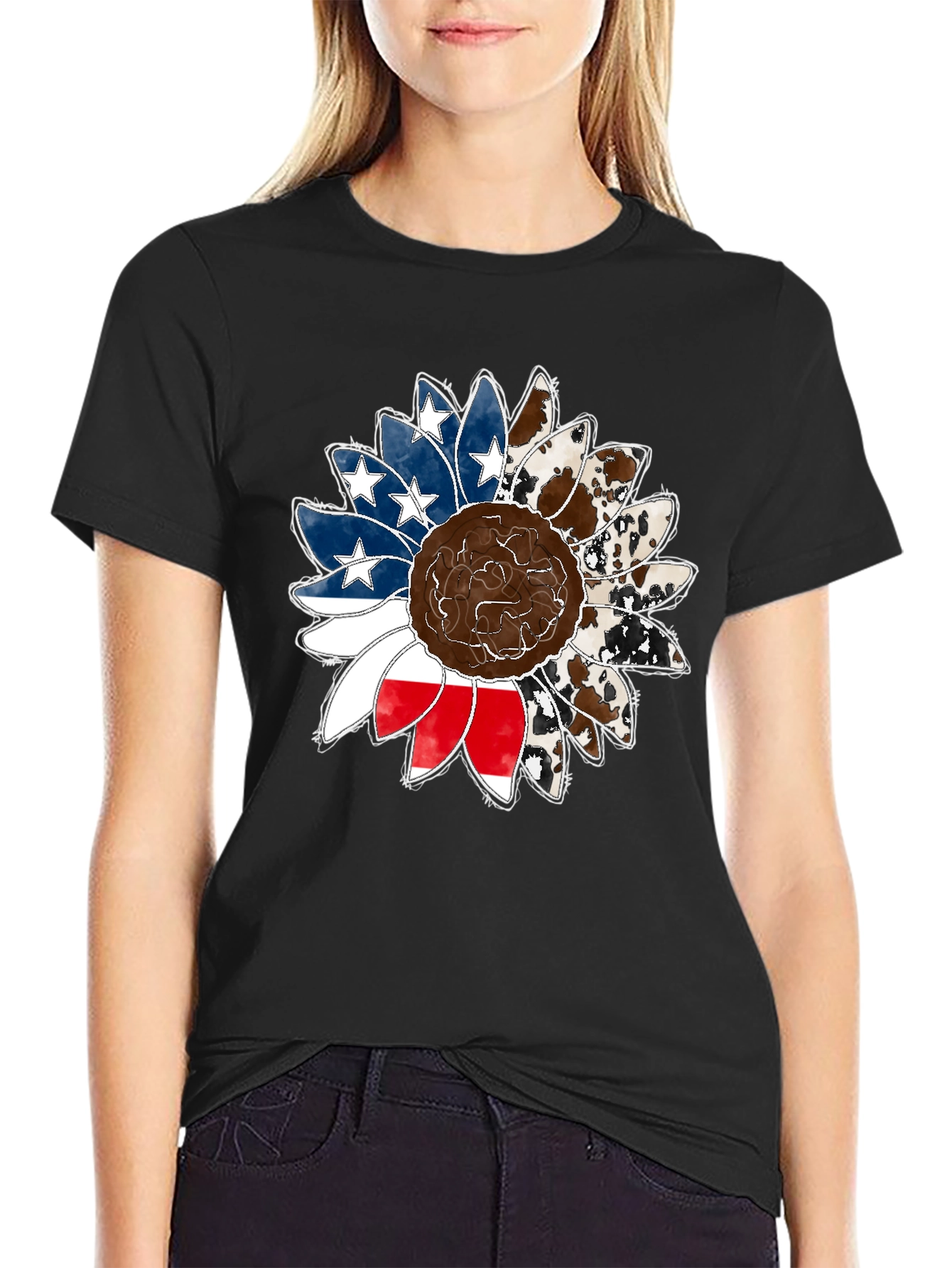 Black American Flag Sunflower Graphic Tee view 2