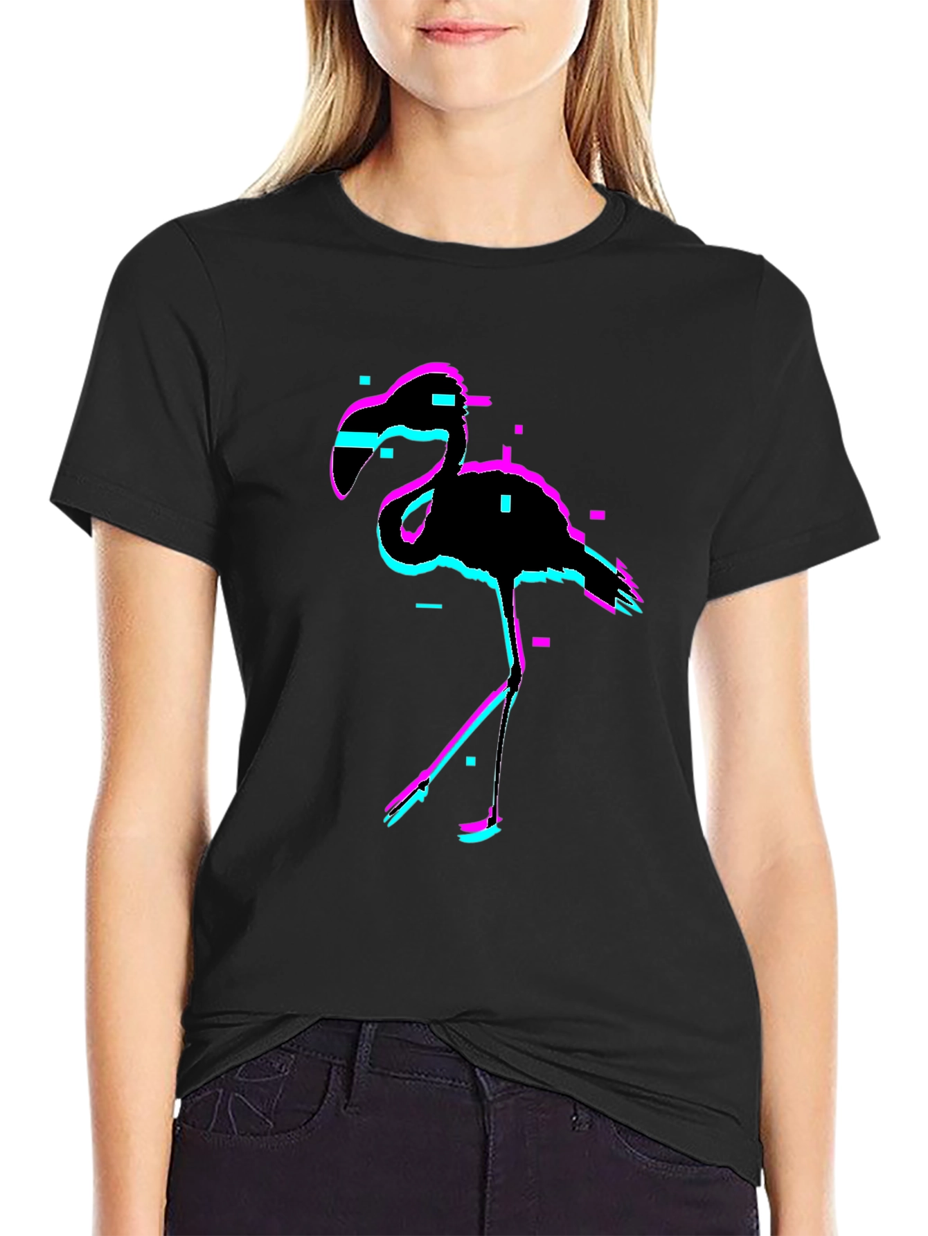 Black Glitch Flamingo Black T-Shirt view 2