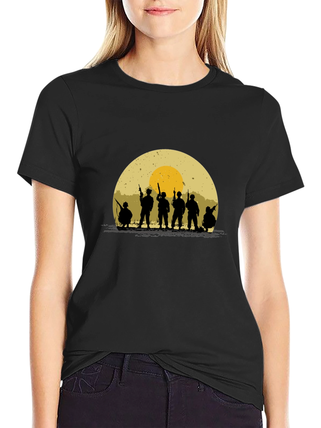 Black Silhouette Soldier T-Shirt - Retro Sunset Design view 2