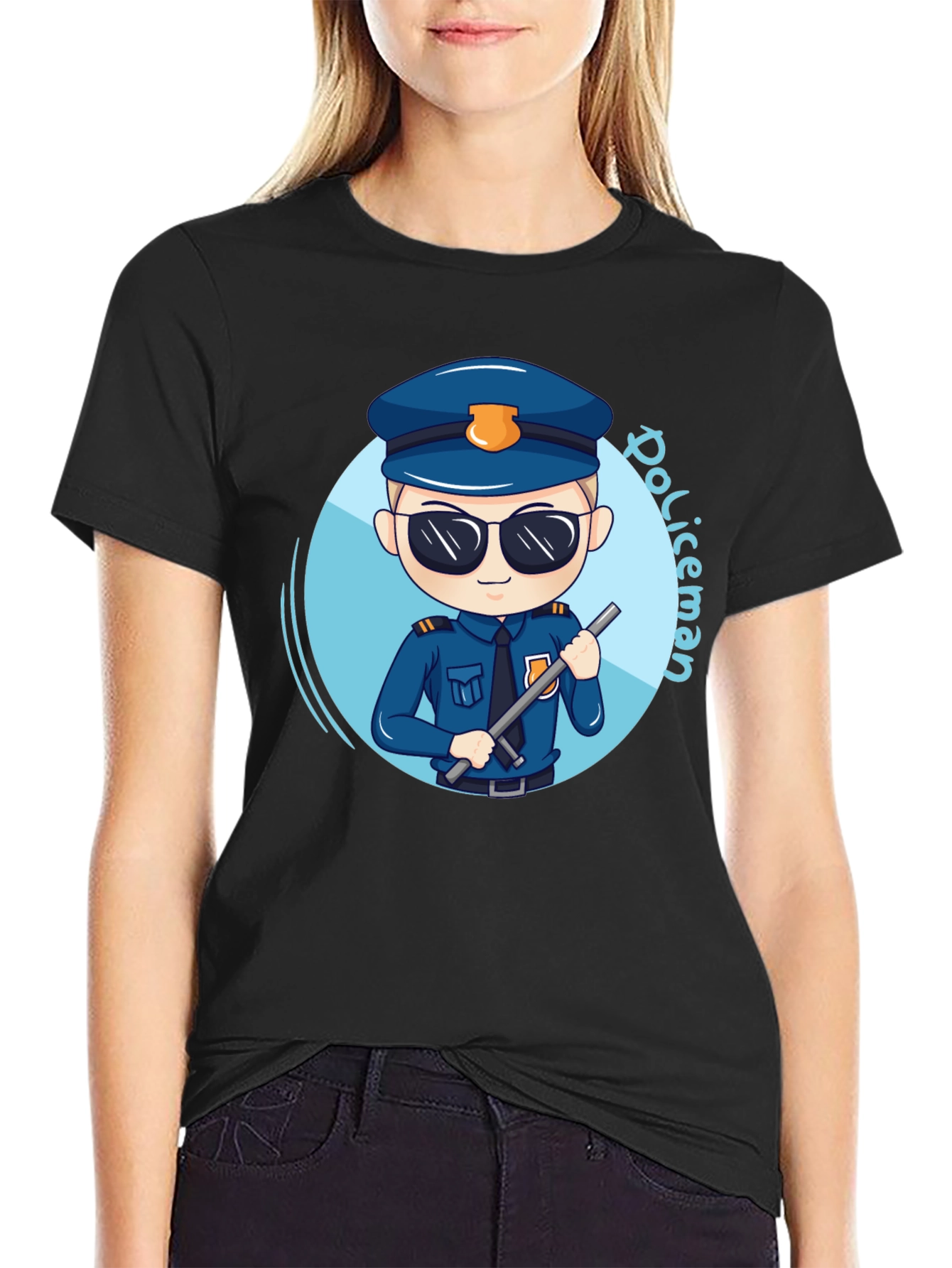 Black Cartoon Policeman Graphic Tee - Black Unisex T-Shirt view 2