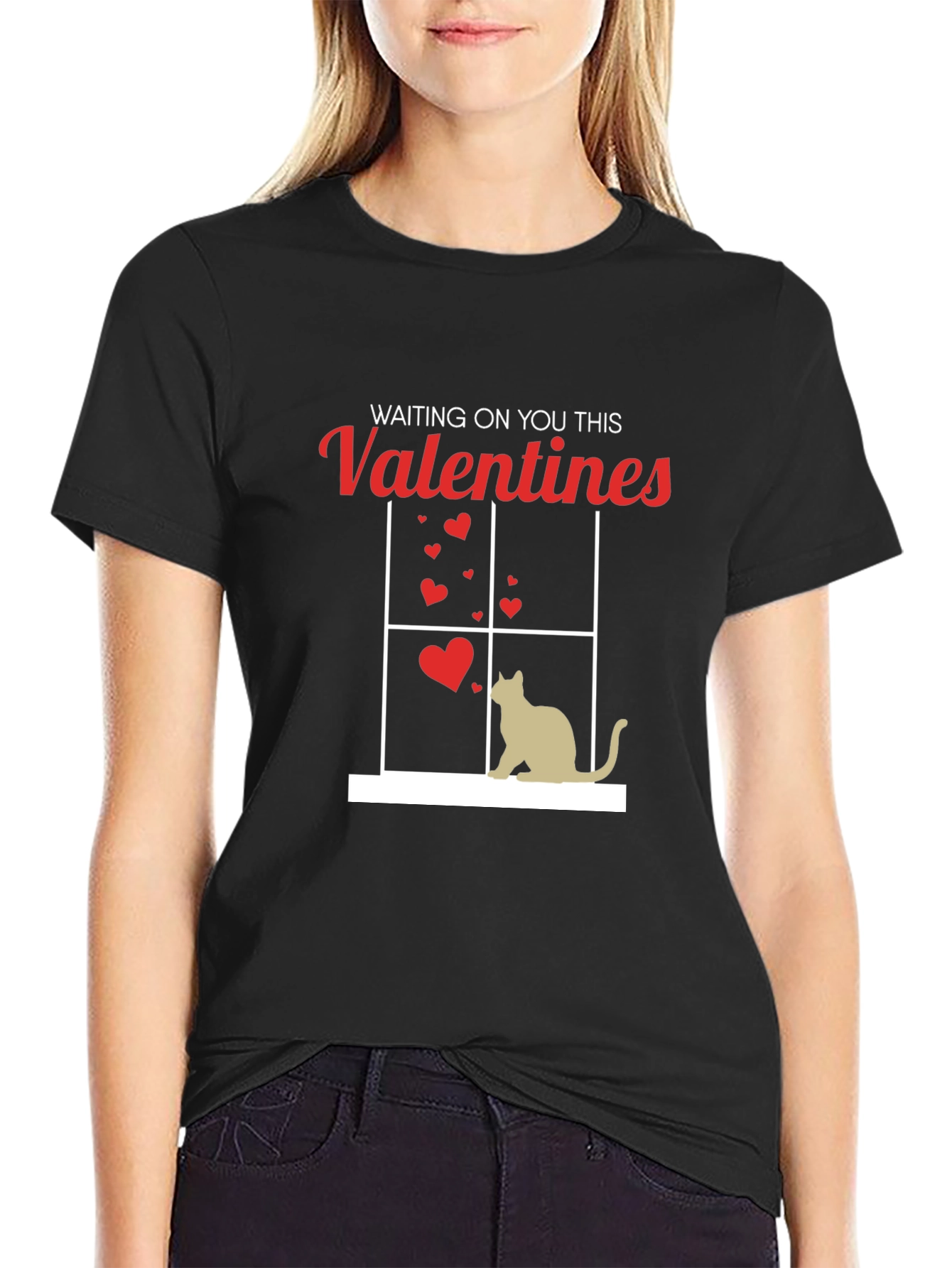 Black Waiting on You This Valentines T-Shirt - Cat Lover Tee view 2