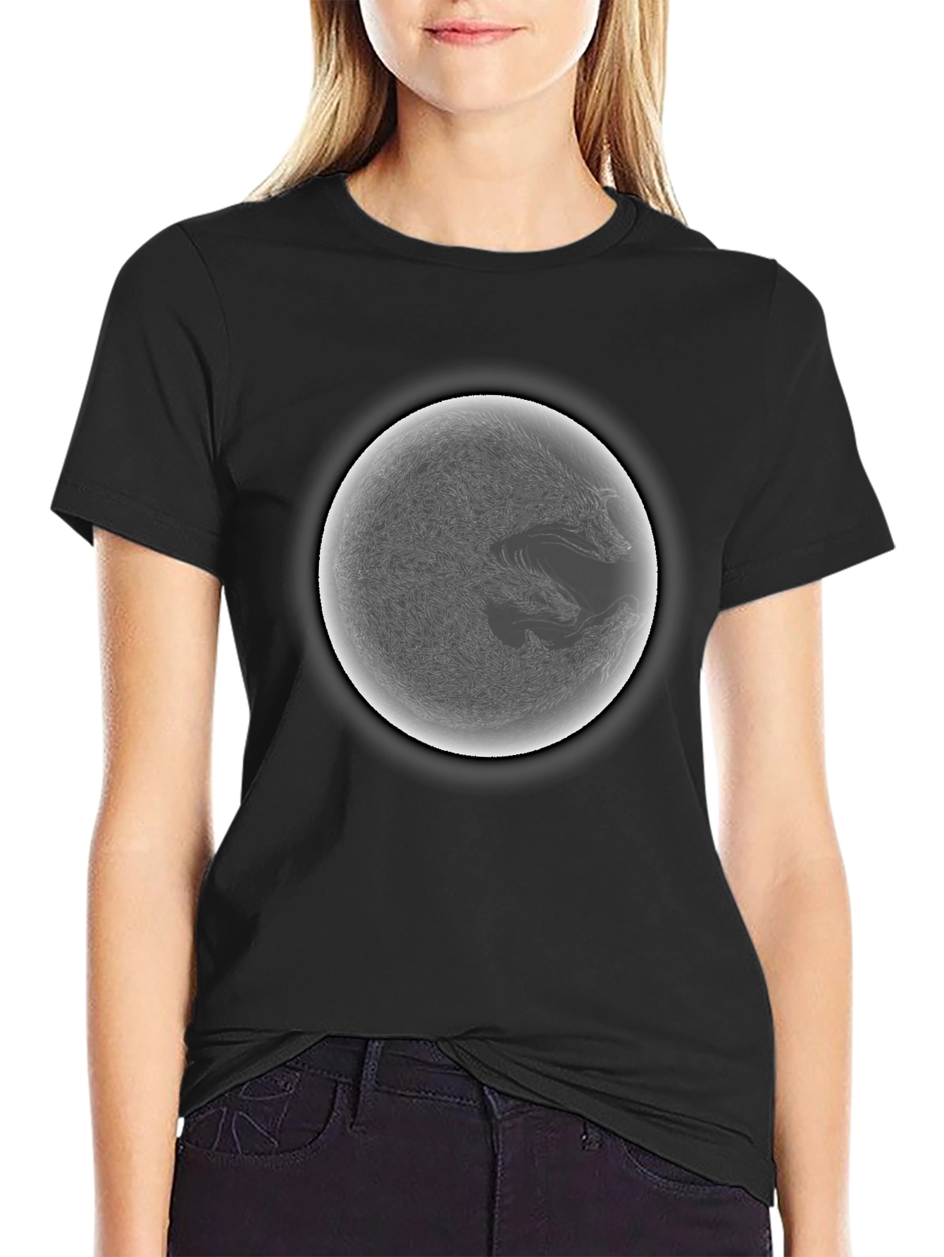Black Yin Yang Wolf Graphic Black T-Shirt view 2
