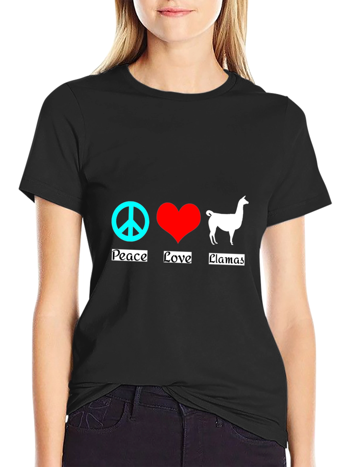Black Peace Love Llamas T-Shirt - Black Cotton Tee view 2