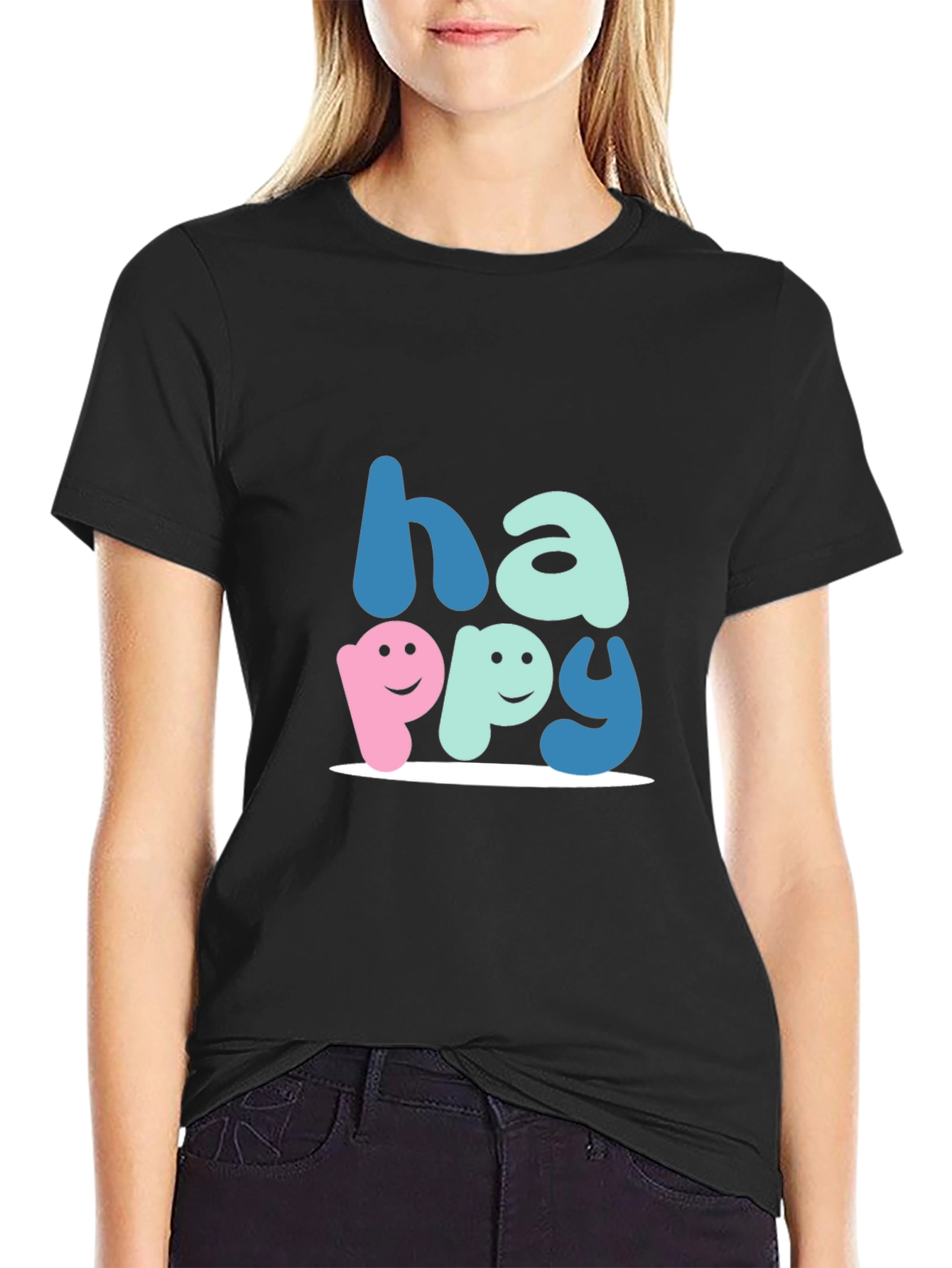 Black Happy Graphic Tee - Soft Cotton Blend, Unisex Fit view 2