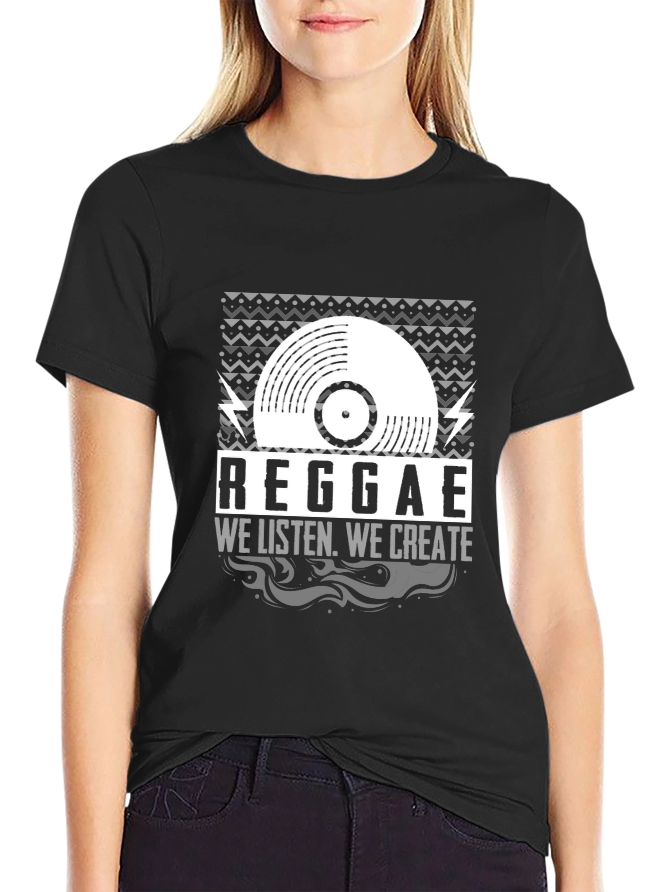 Black Reggae Music Vinyl Graphic T-Shirt - We Listen, We Create view 2