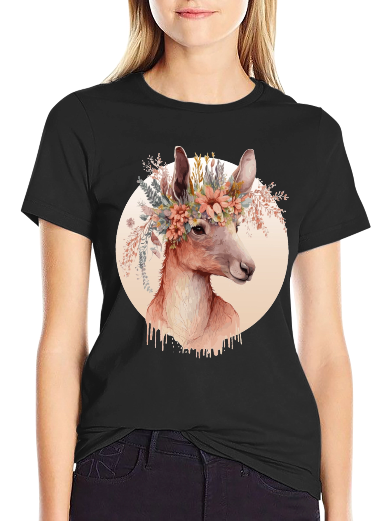 Black Floral Deer Graphic Tee - Trendy Unisex Shirt view 2