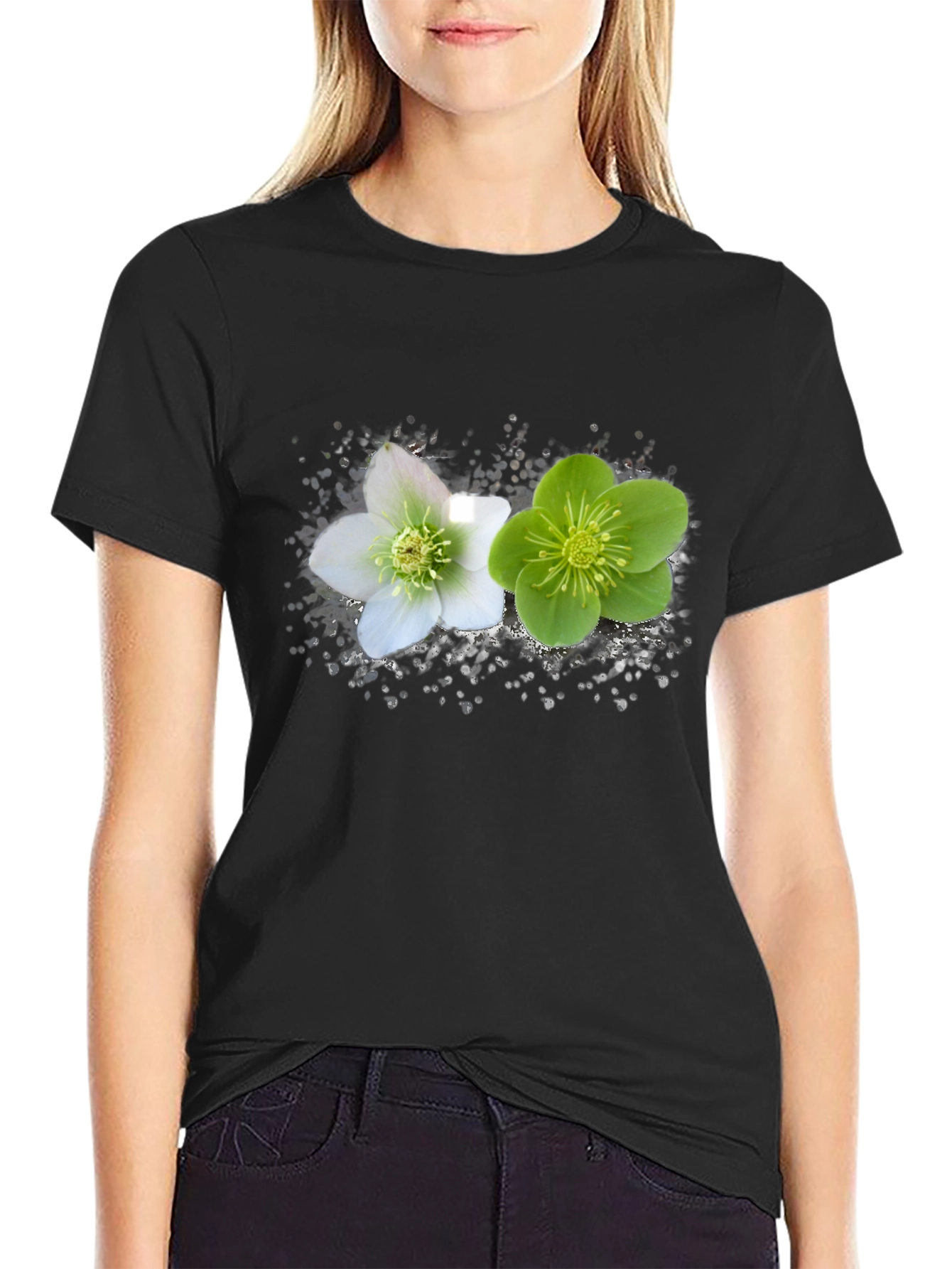 Black Floral Graphic Black T-Shirt - Nature Inspired Tee view 2