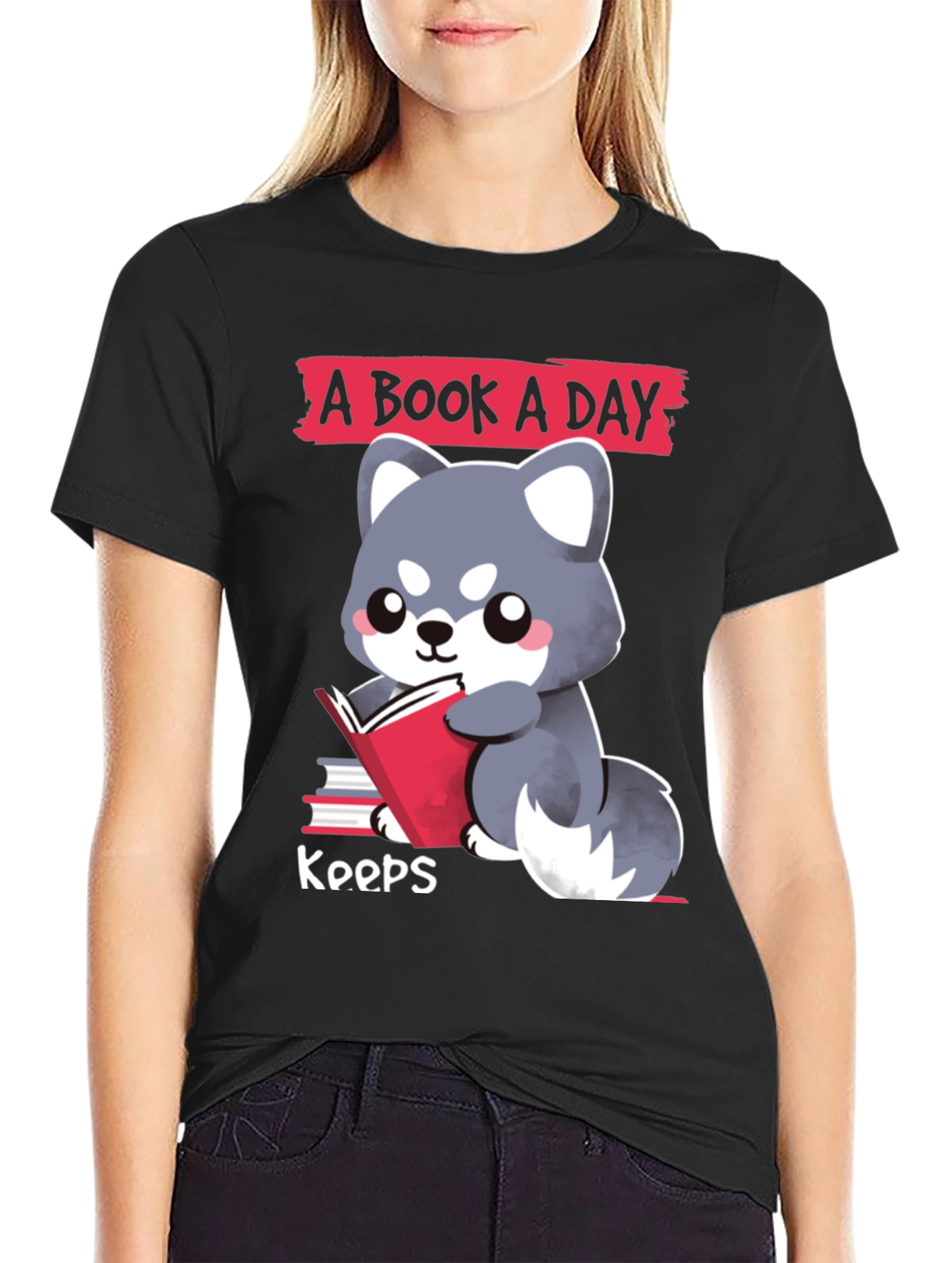 Black A Book A Day T-Shirt Cute Reading Dog Design view 2