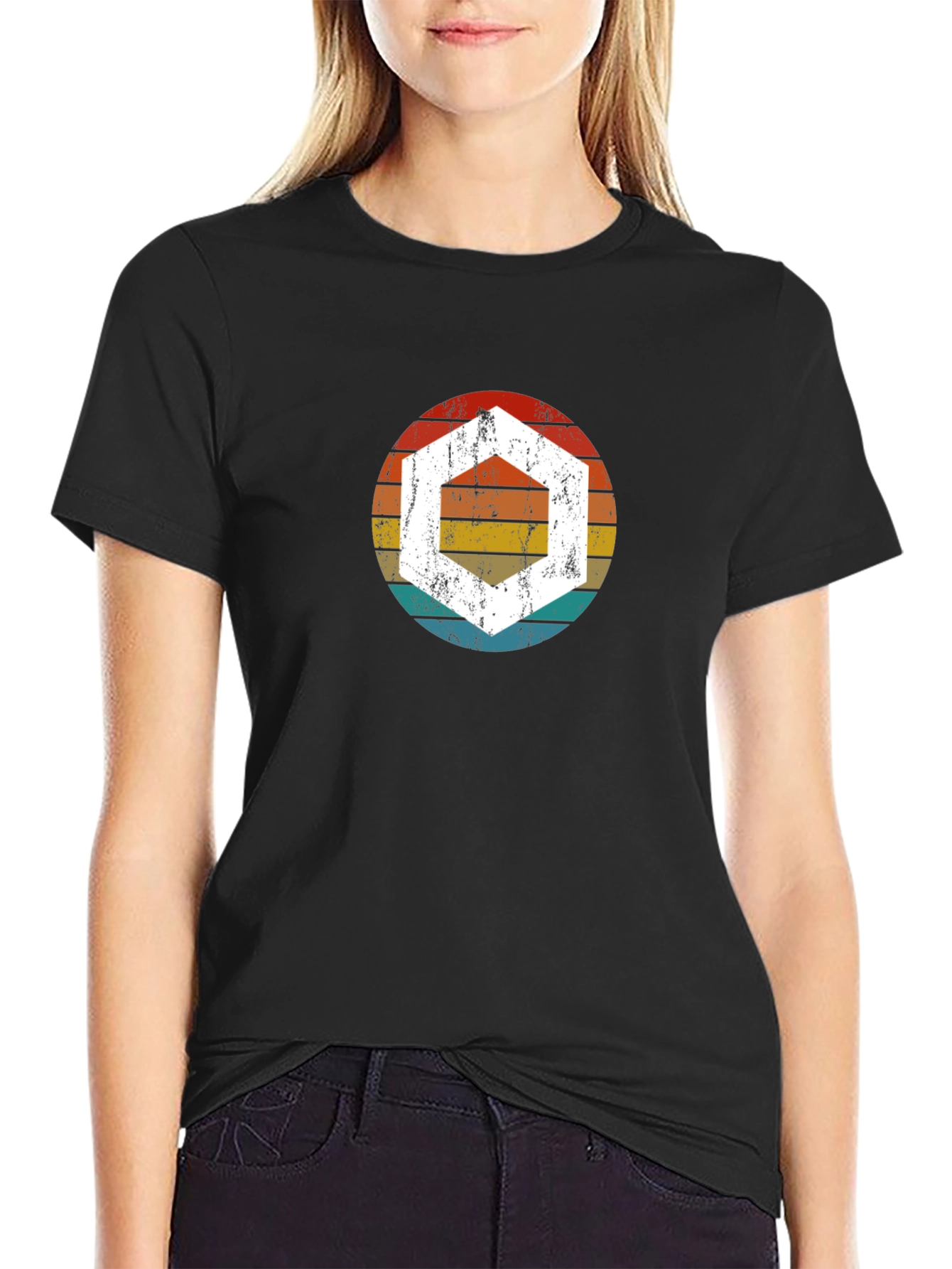 Black Retro Hexagon Graphic Tee - Black Cotton Blend view 2