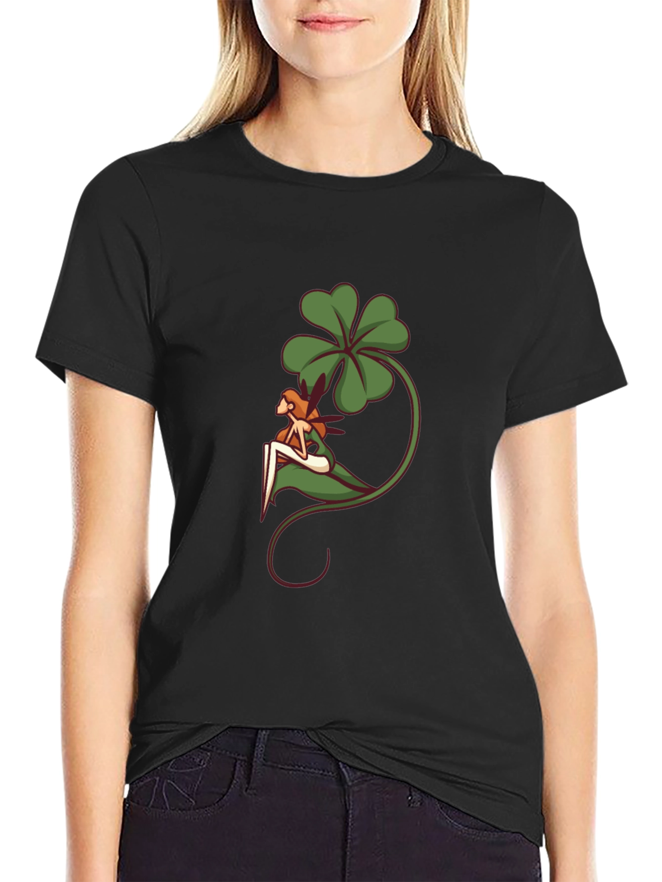 Black Lucky Fairy Graphic T-Shirt - Black Cotton Tee view 2