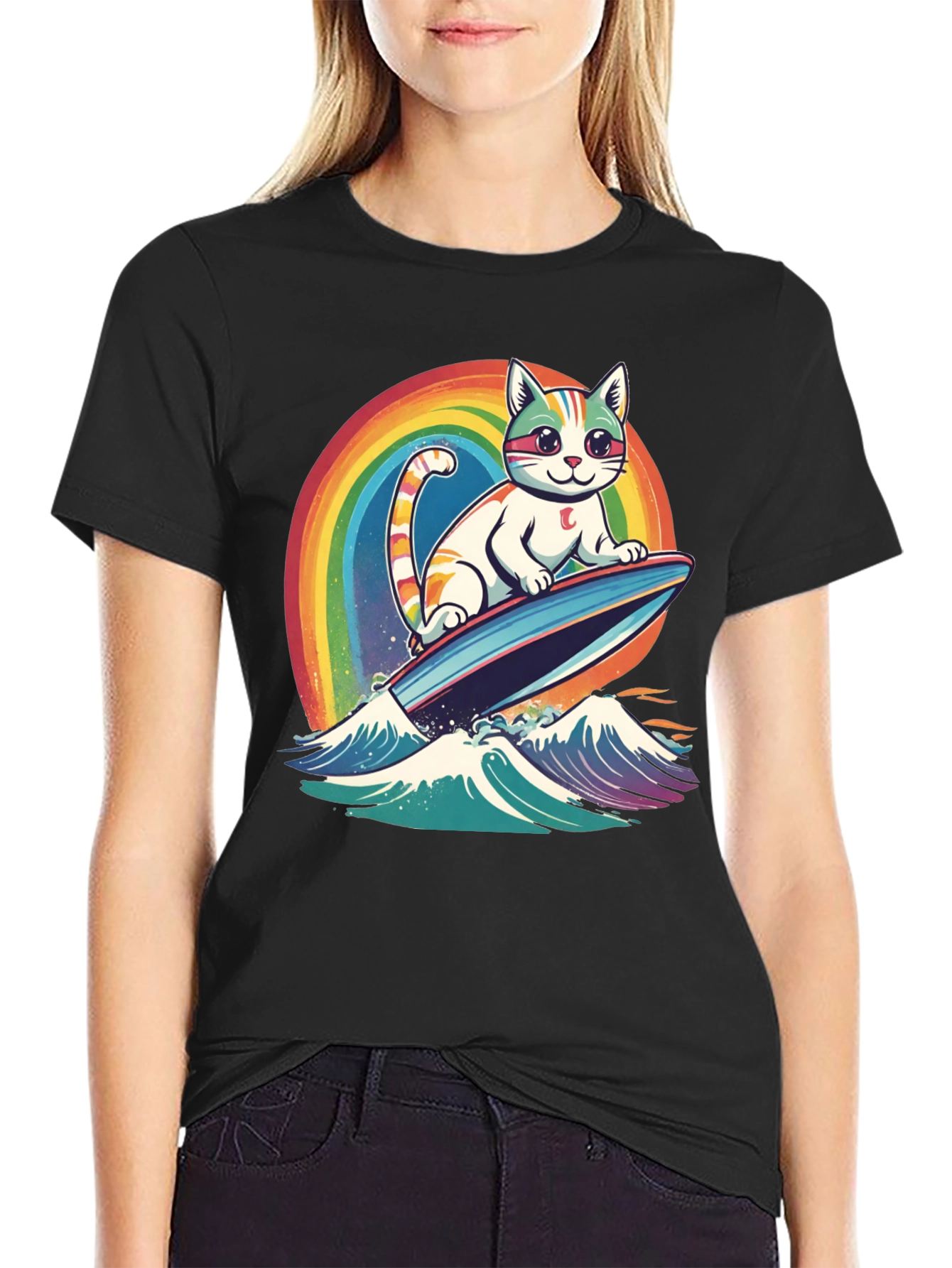 Black Surfing Cat Rainbow T-Shirt view 2