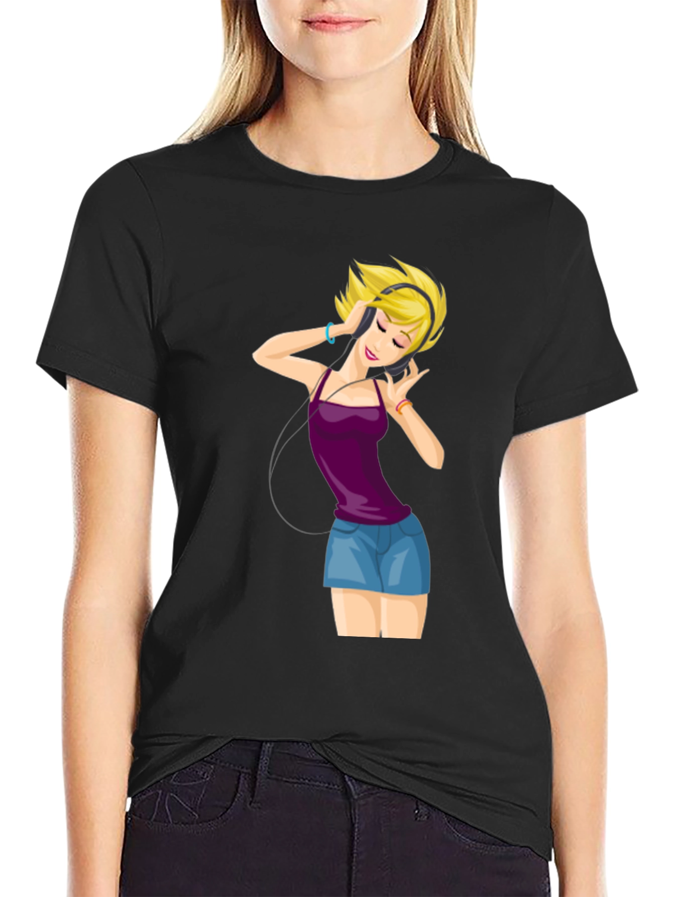 Black Music Lover T-Shirt: Cartoon Girl with Headphones view 2