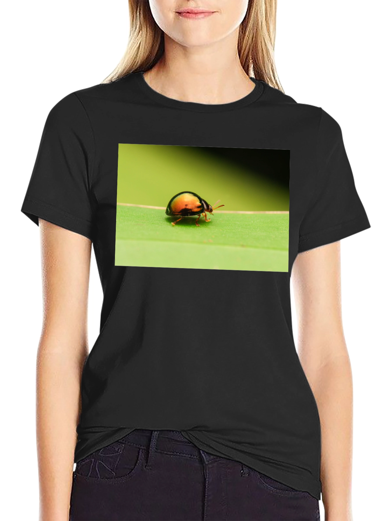 Black Bug on Leaf Graphic Tee - Black Unisex T-Shirt view 2