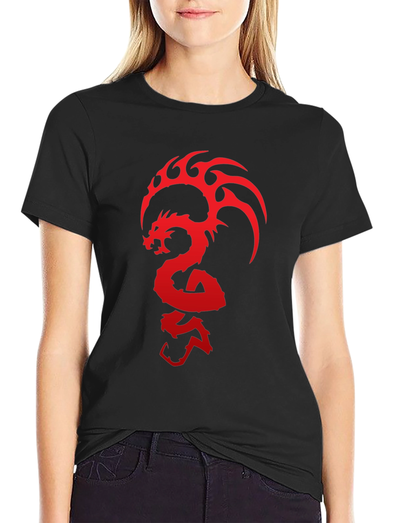 Black Dragon Graphic T-Shirt - Bold Red Design on Black Cotton Tee view 2