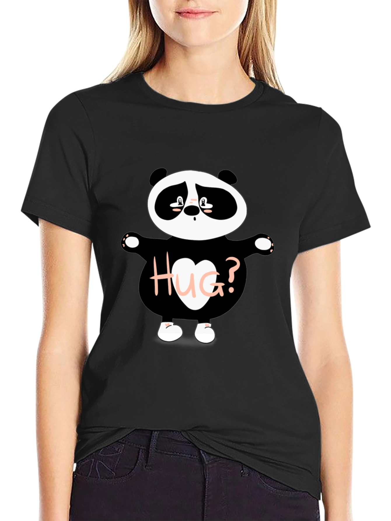 Black Cute Panda 'Hug?' Graphic T-Shirt view 2