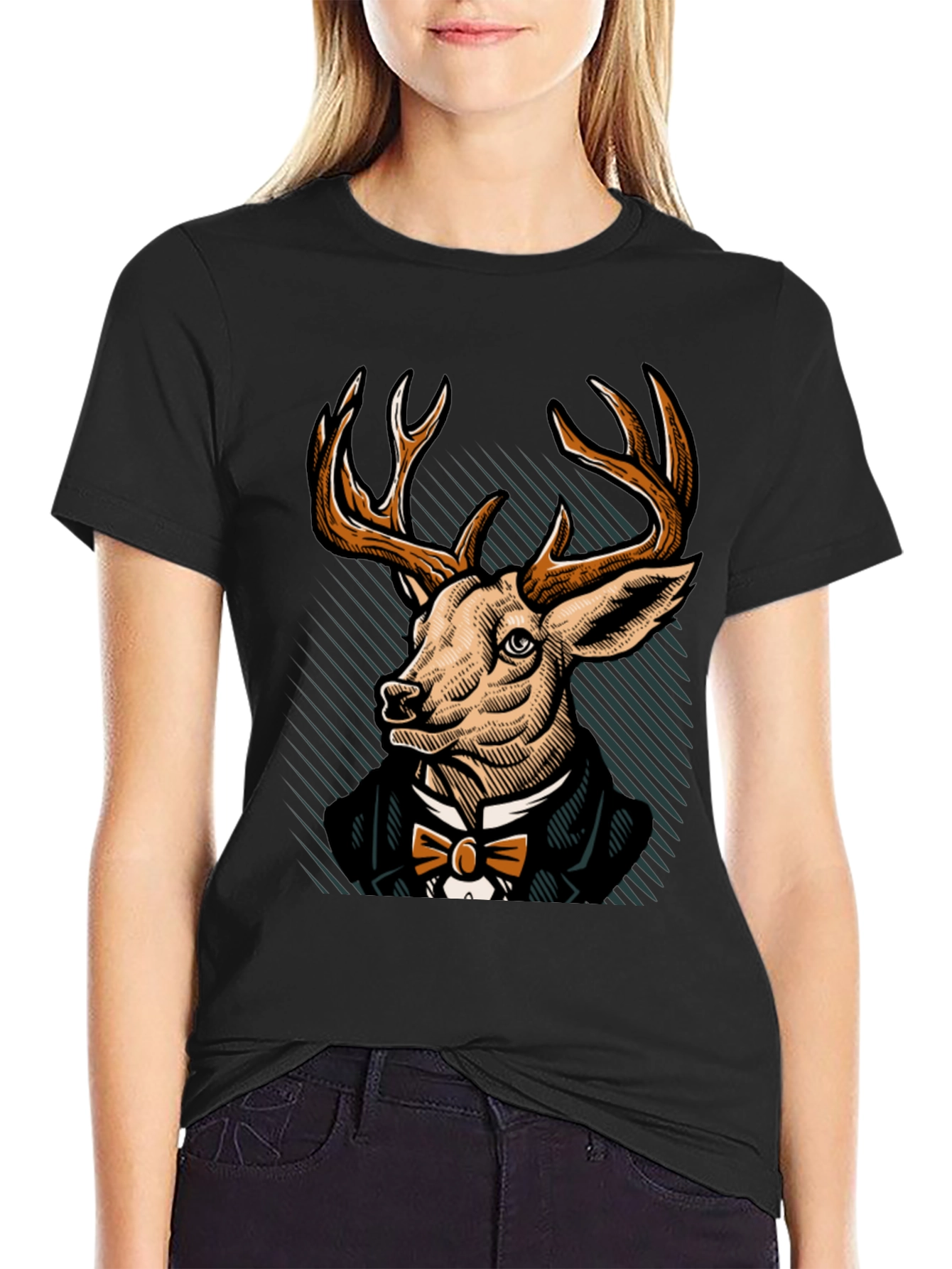 Black Dapper Deer T-Shirt - Elegant Animal Graphic Tee view 2