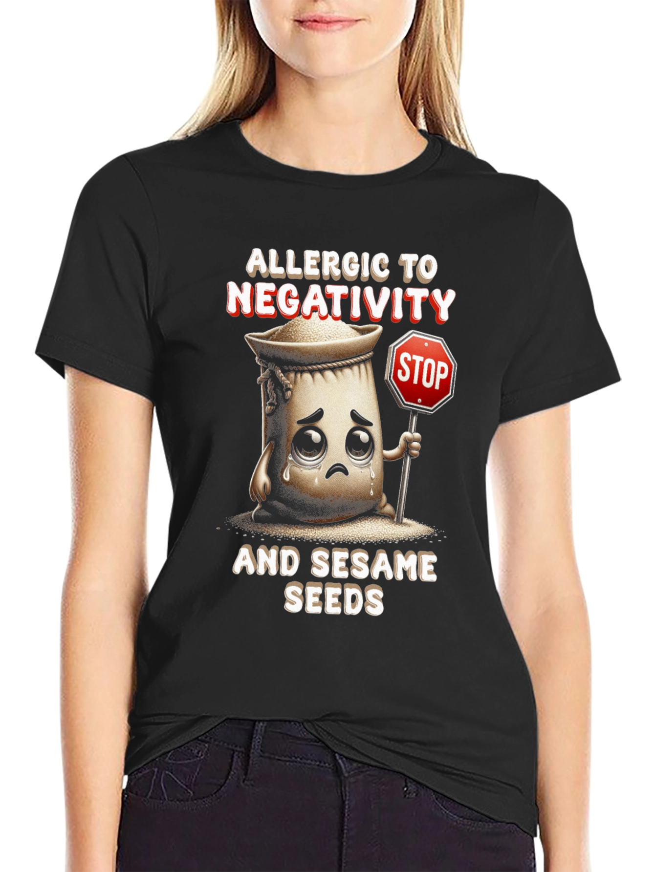 Black Allergic to Negativity & Sesame Seeds T-Shirt view 2
