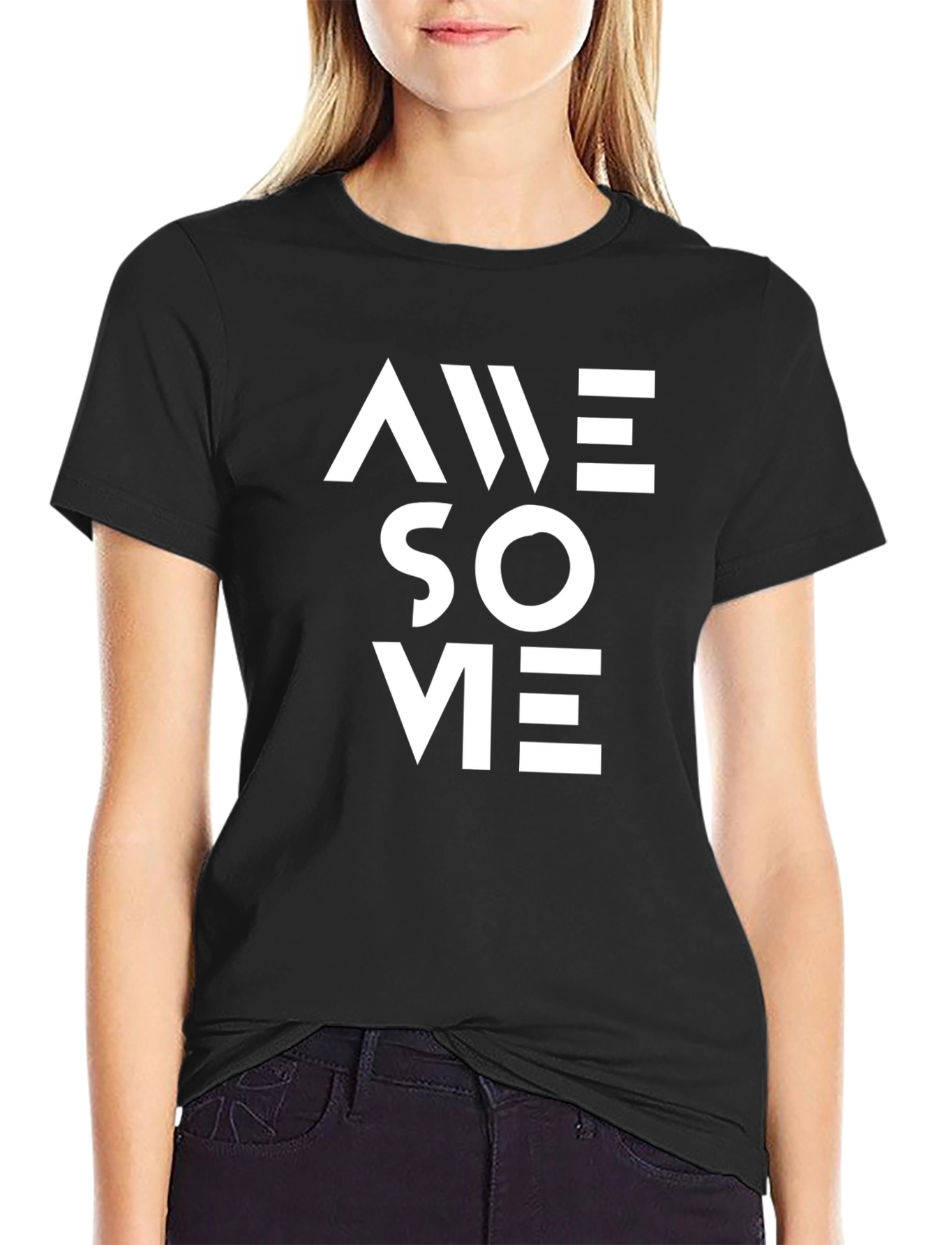 Black Awesome Graphic Tee - Black Crew Neck Cotton Shirt view 2