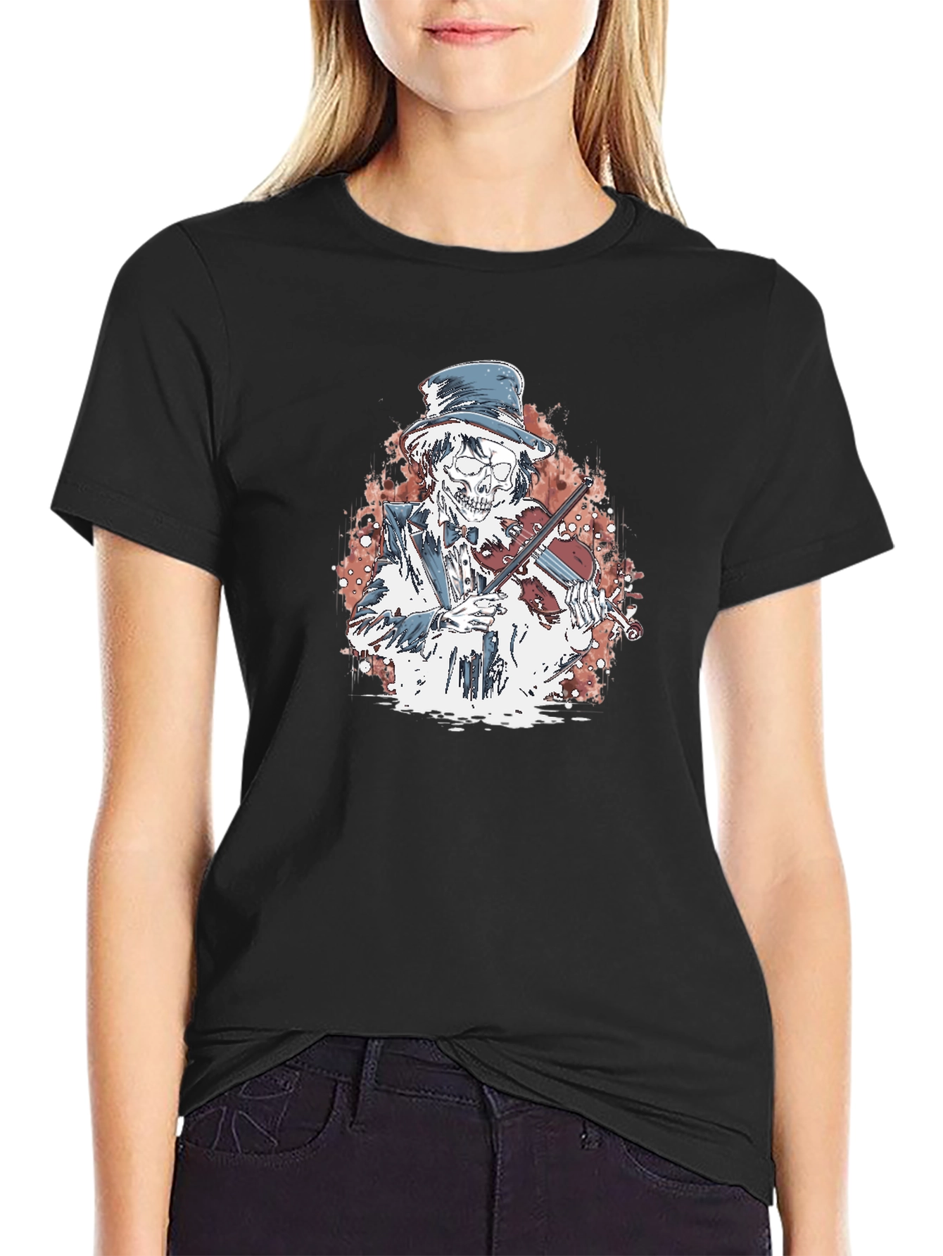 Black Skeleton Violinist Graphic Tee view 2