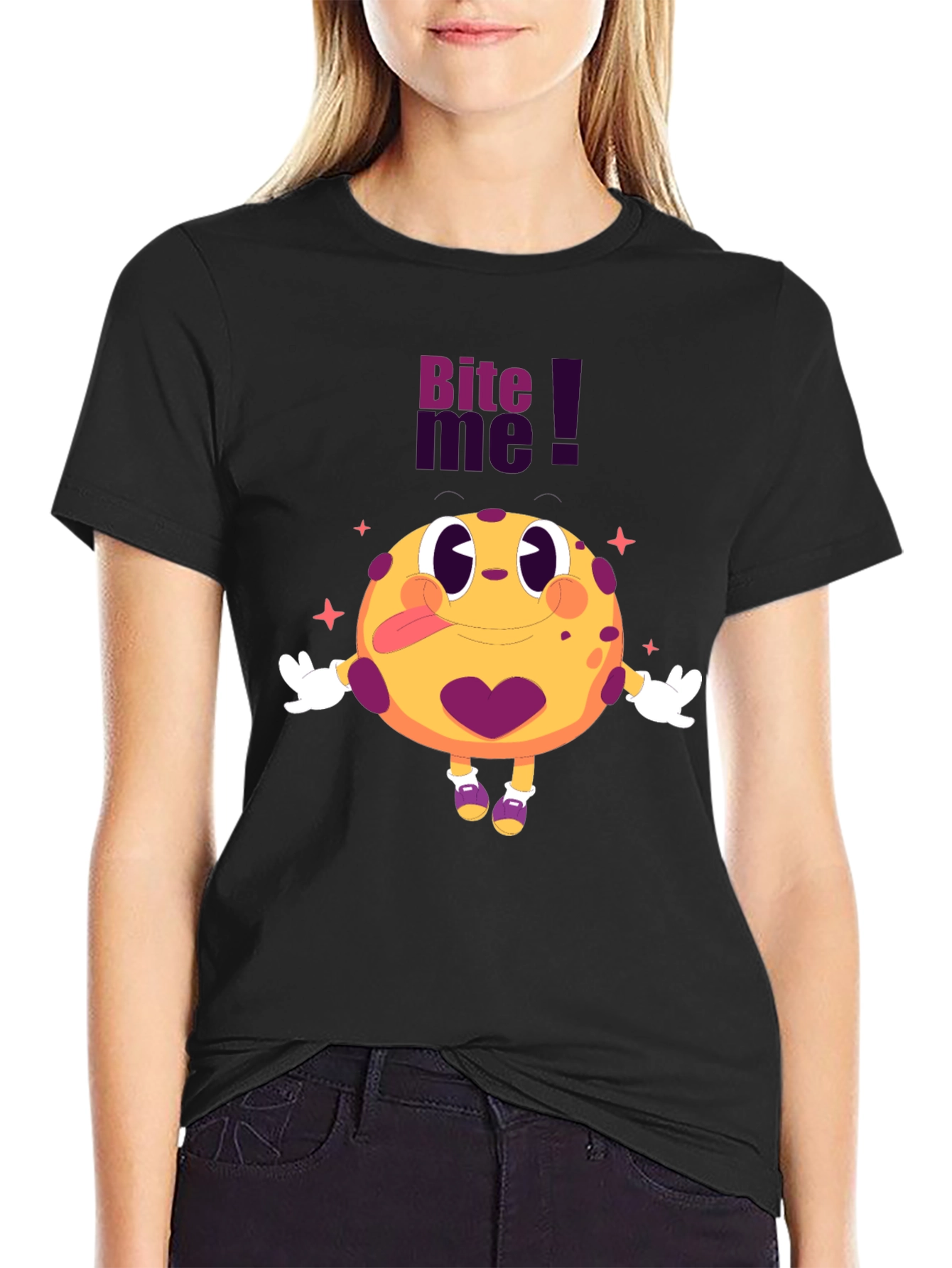 Black Bite Me Cartoon Graphic Black T-Shirt view 2