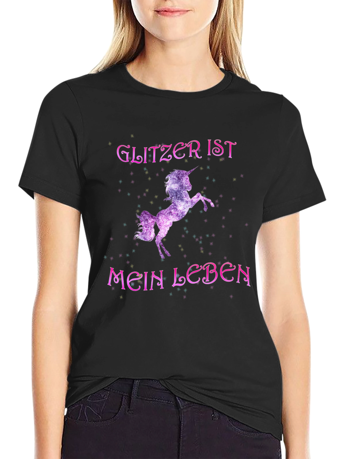 Black Glitzer Ist Mein Leben Unicorn Black T-Shirt view 2