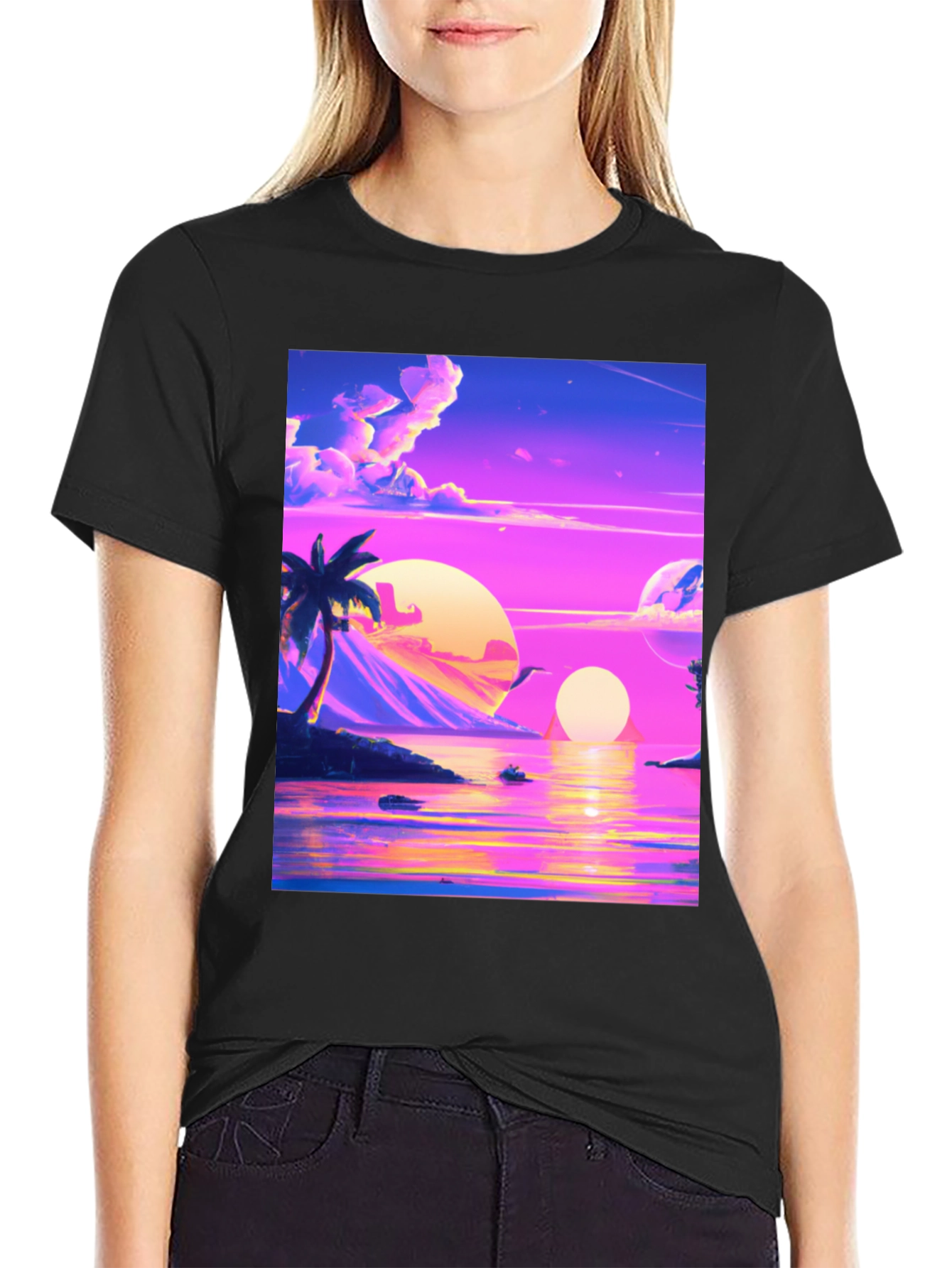 Black Vaporwave Sunset T-Shirt - Black view 2