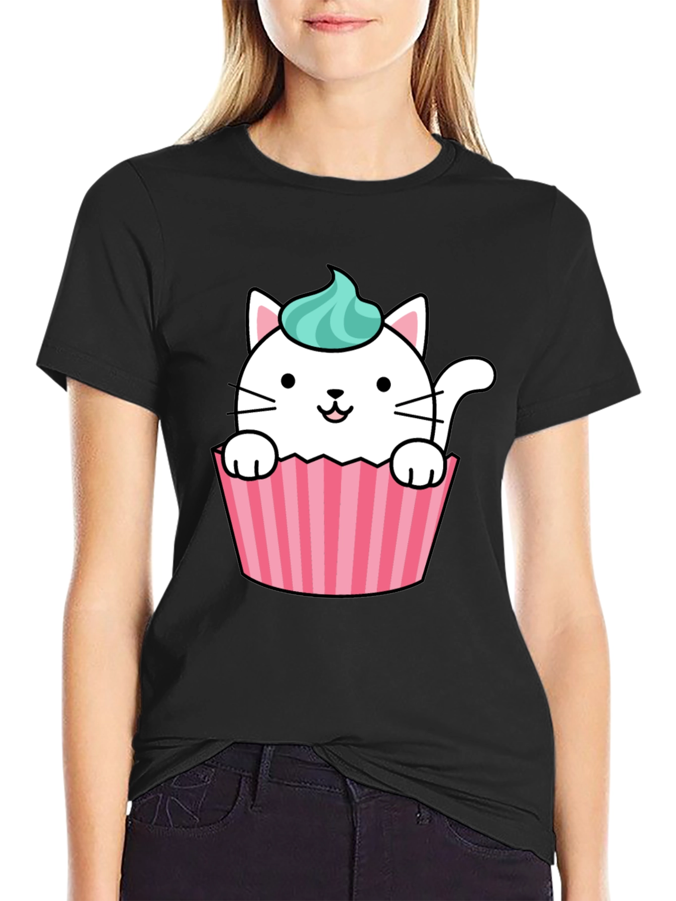 Black Cute Cupcake Cat Graphic Tee - Black view 2