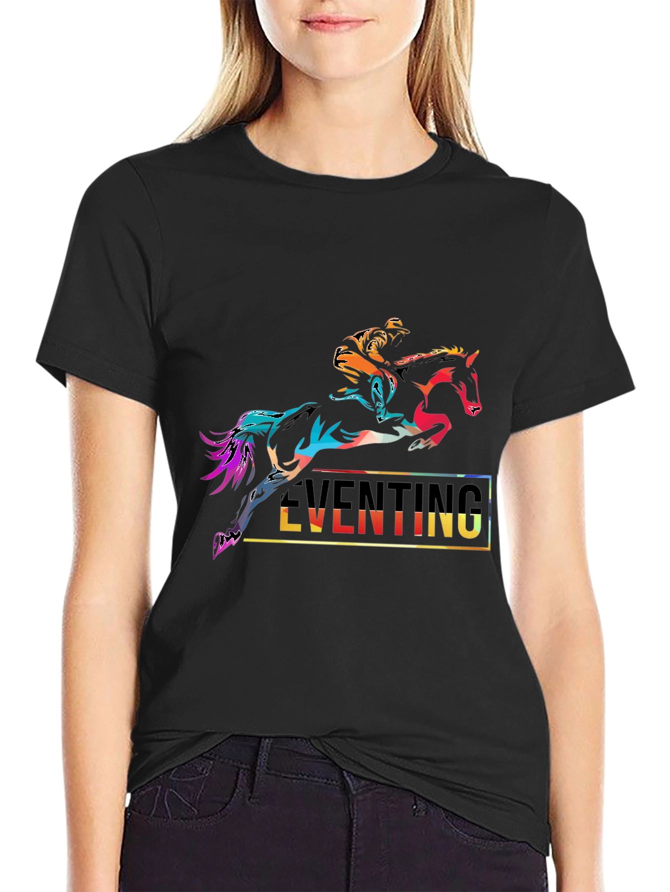 Black Eventing Horse Rider Graphic Tee - Black Cotton T-Shirt view 2