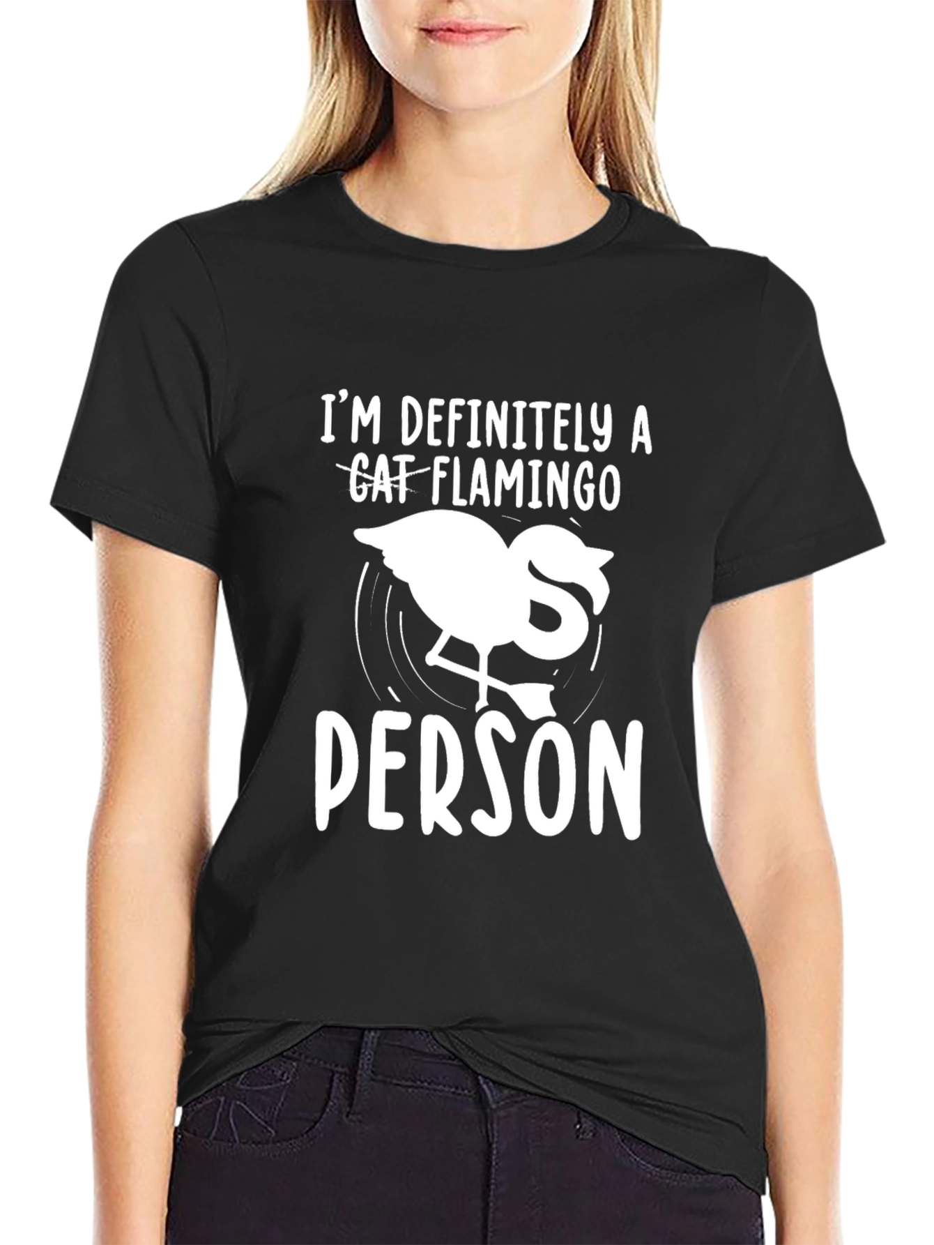 Black Cat Flamingo Person Graphic Tee view 2