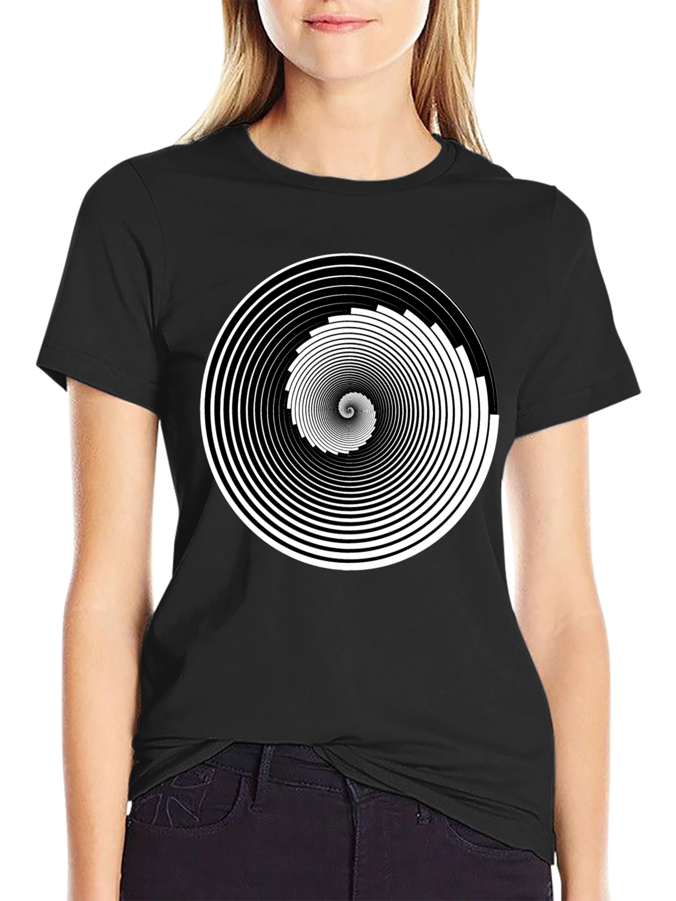 Black Hypnotic Spiral Graphic Tee - Black Cotton Crew Neck view 2