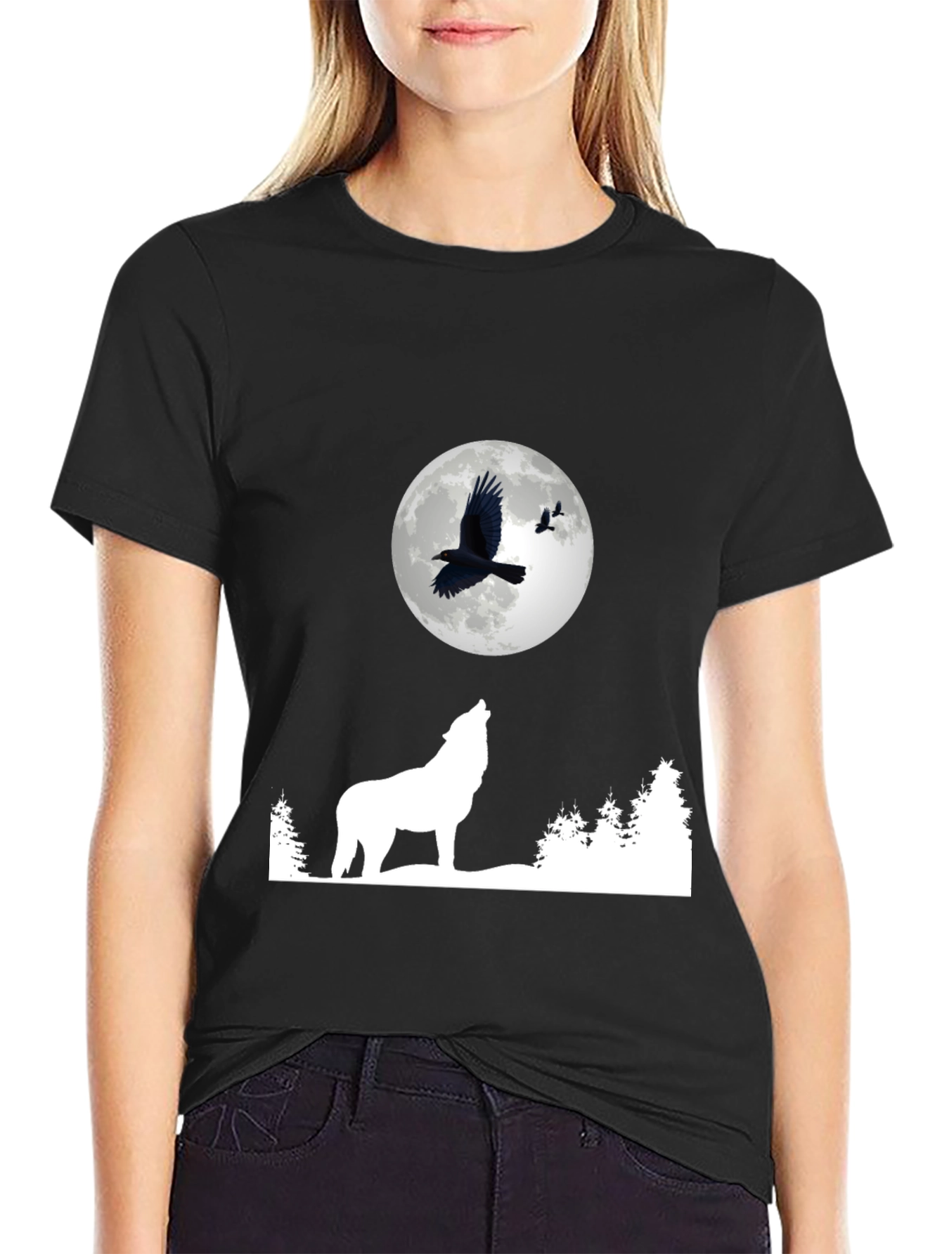 Black Wolf Moon Raven Graphic Tee - Black view 2