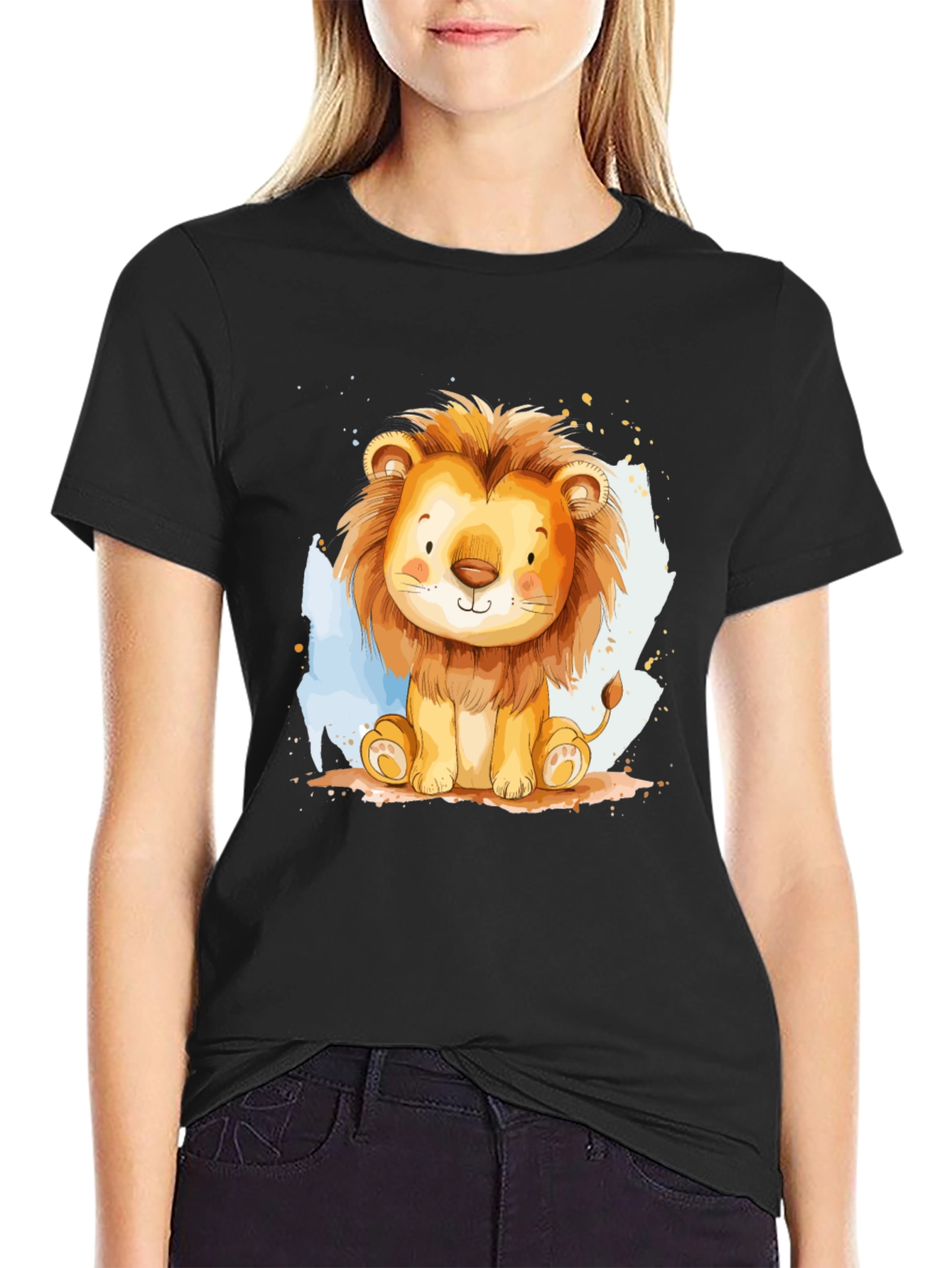 Black Cute Lion Graphic Tee - Black Cotton T-Shirt view 2