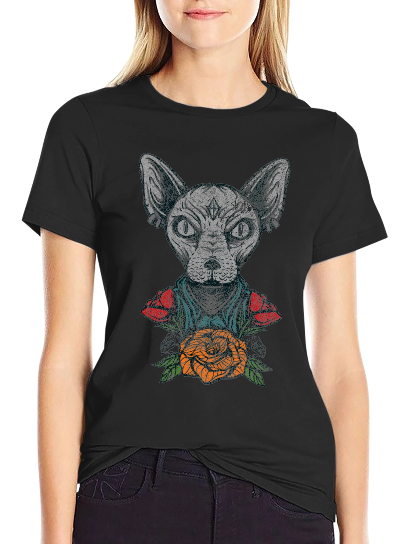 Black Sphynx Cat Tattoo Graphic T-Shirt view 2