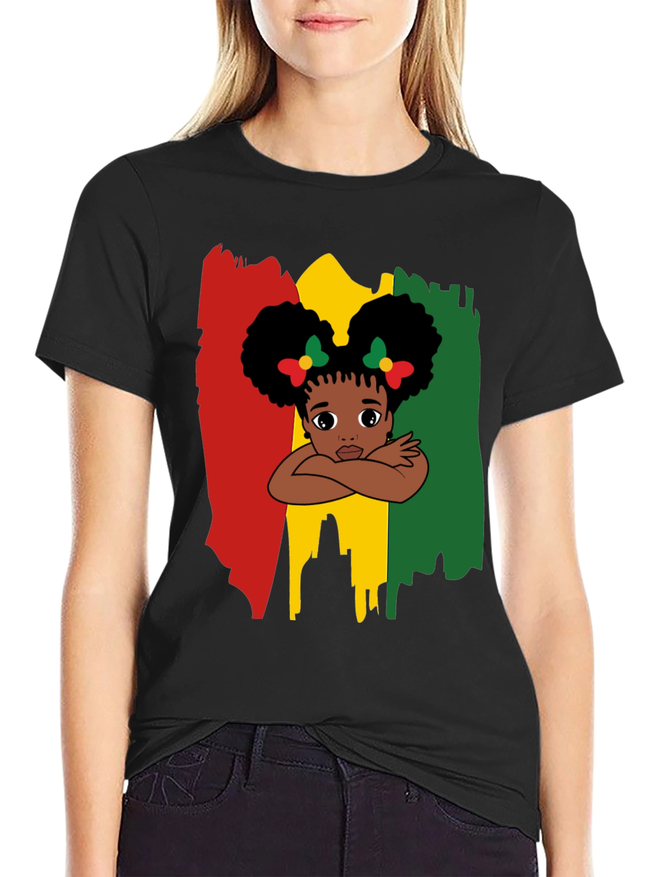Black Cute Girl Afro T-Shirt - Red Yellow Green view 2