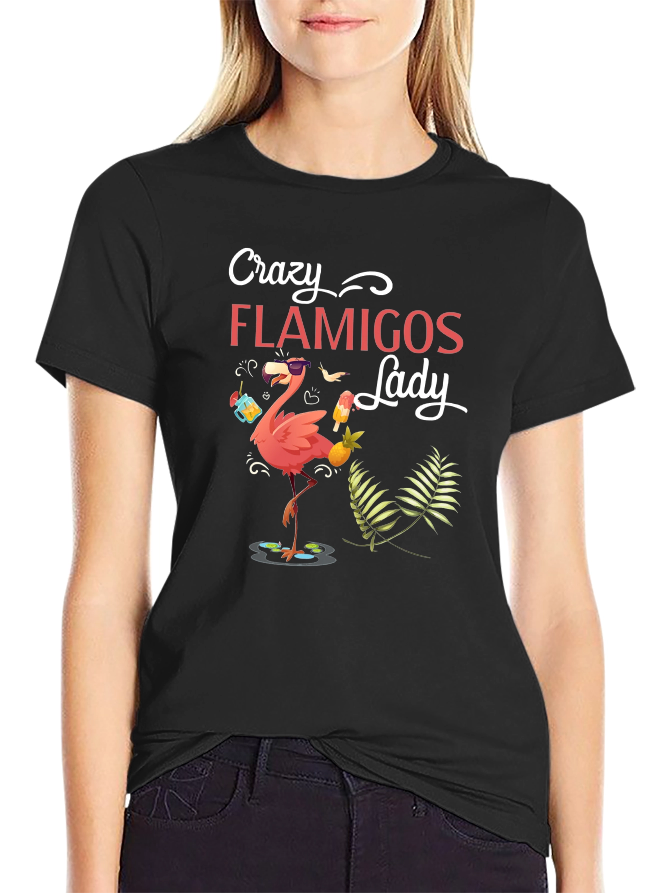 Black Crazy Flamingos Lady T-Shirt view 2