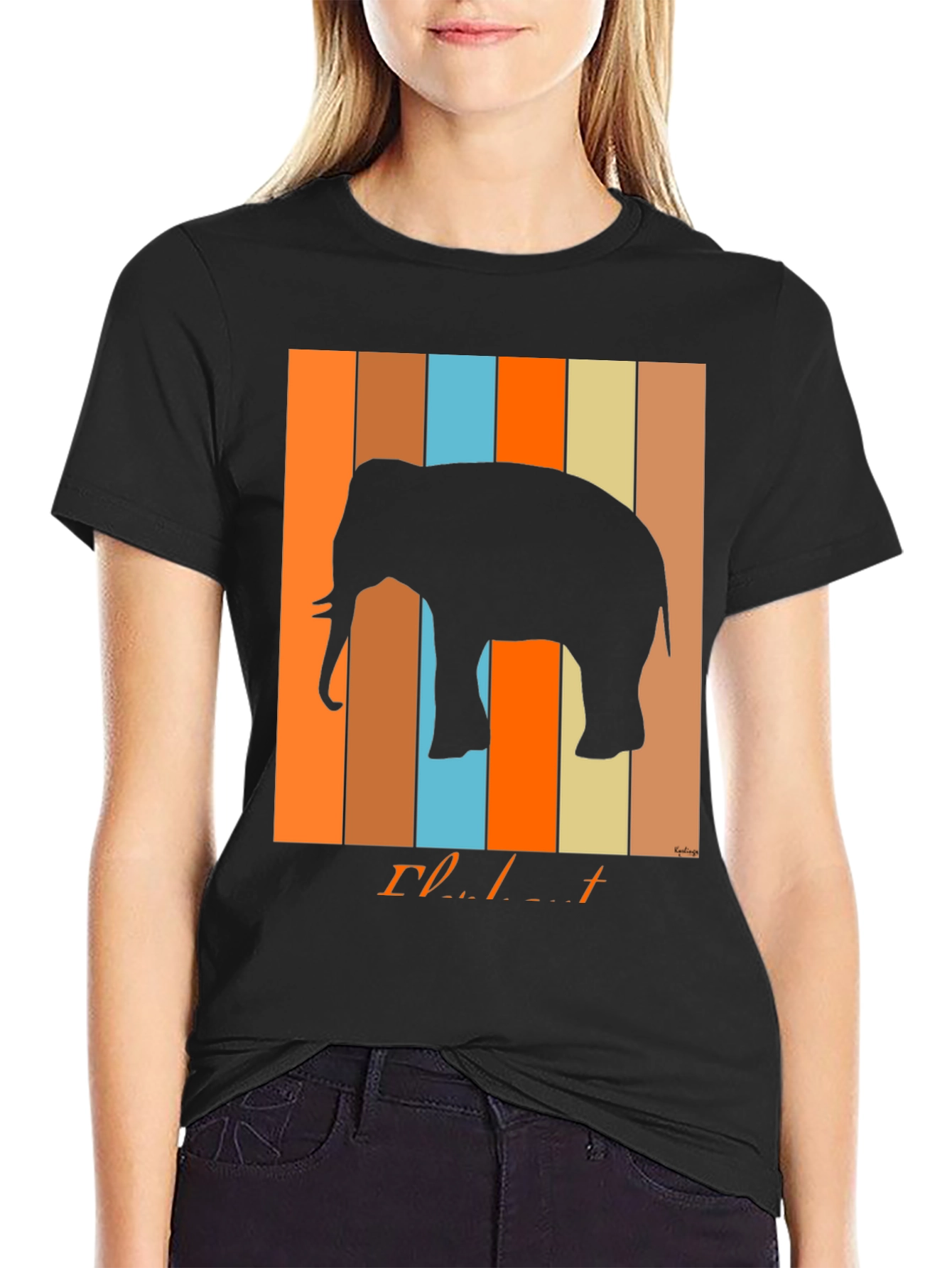 Black Retro Elephant Graphic T-Shirt view 2