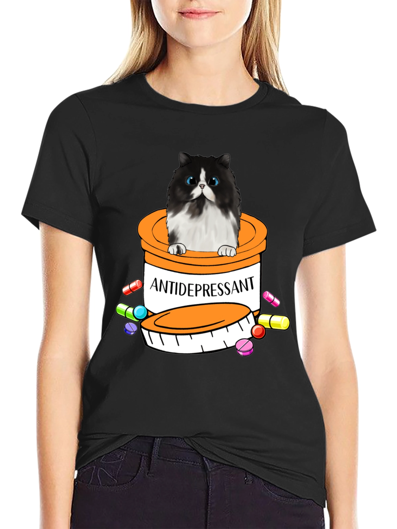Black Antidepressant Cat T-Shirt - Funny Novelty Tee view 2