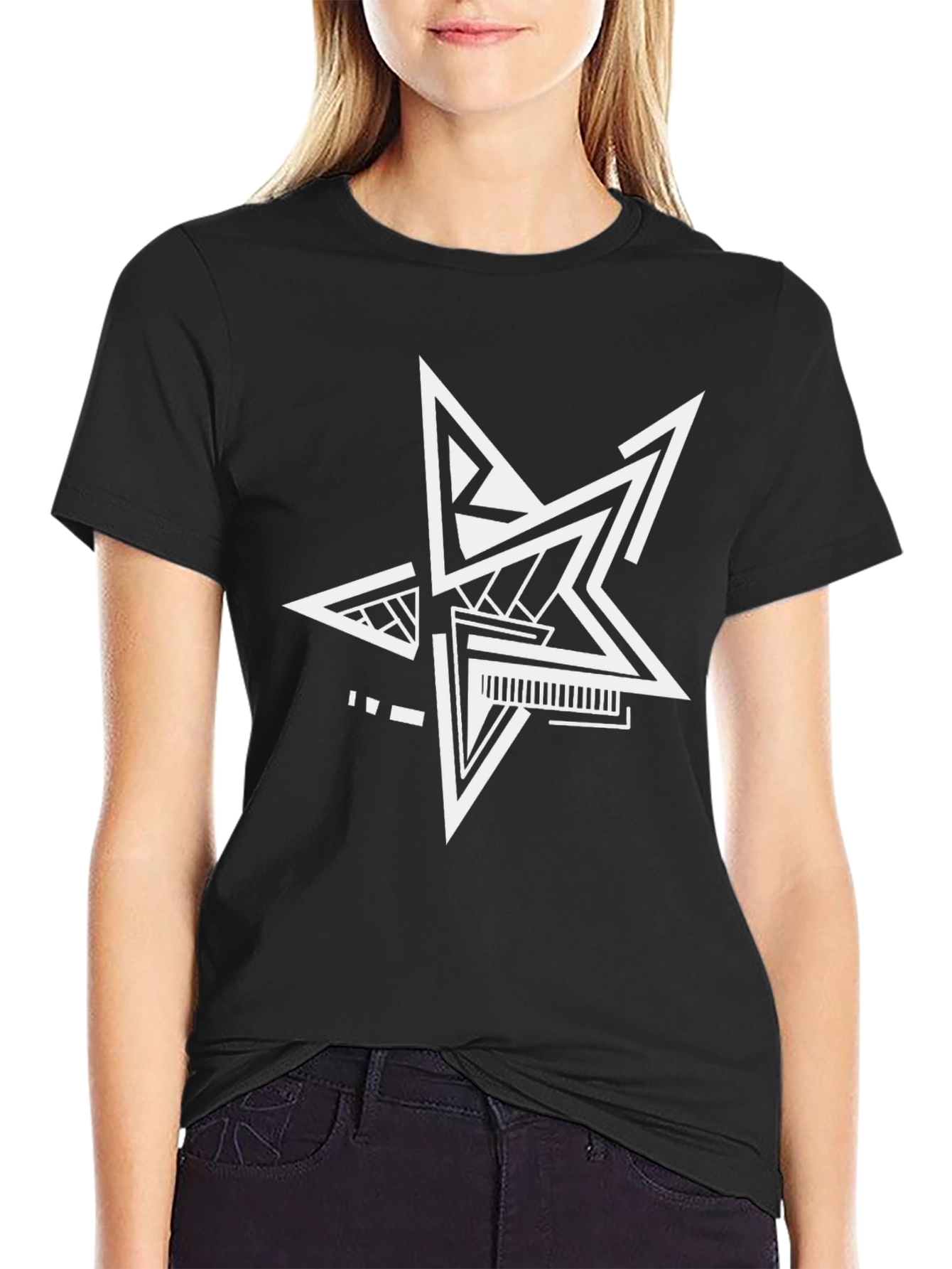 Black Modern Geometric Star T-Shirt - Black Cotton Tee view 2