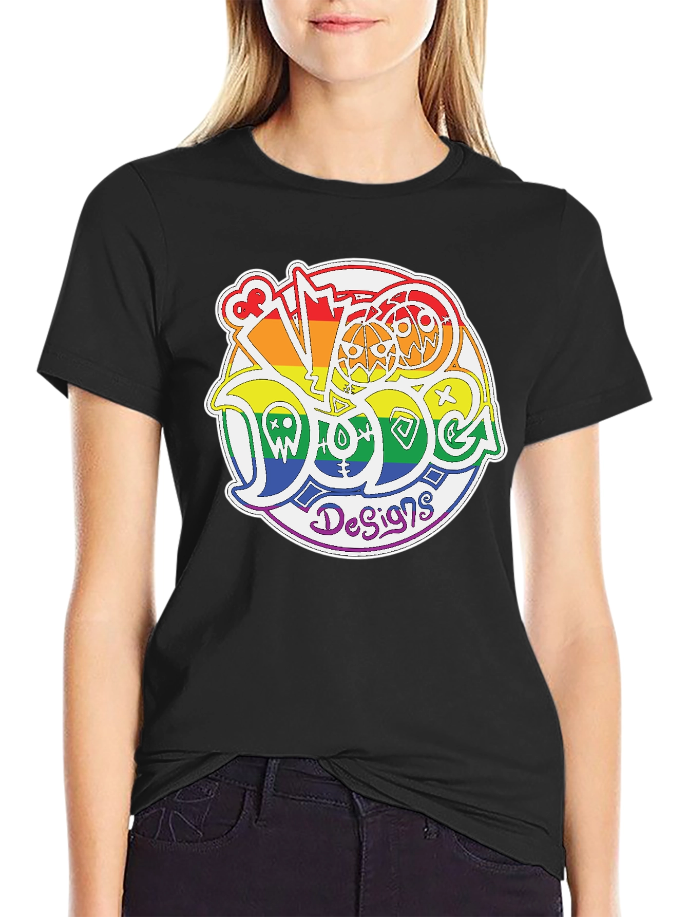 Black Rainbow Doodle Design T-Shirt view 2