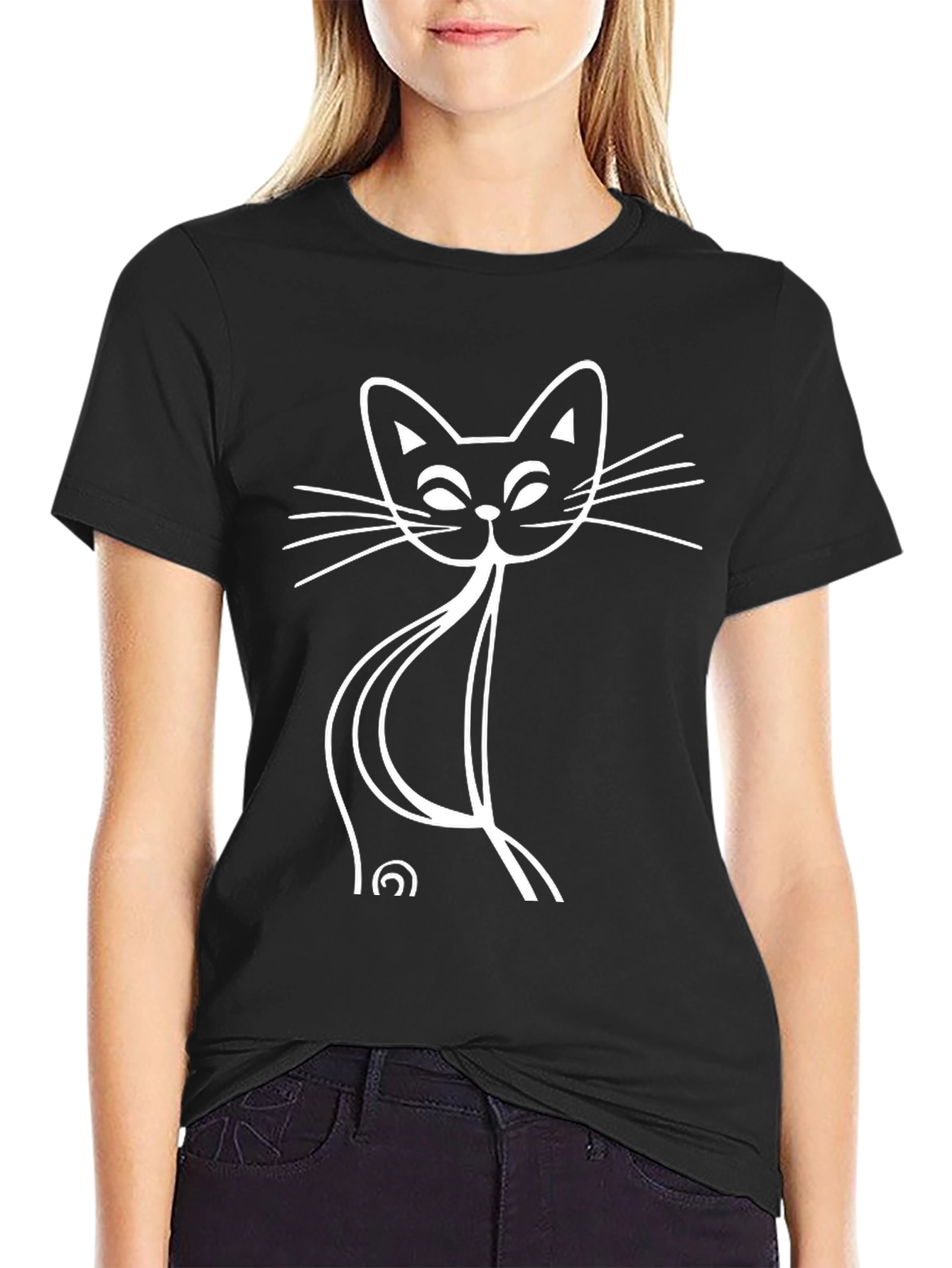 Black Stylized Cat Graphic Tee - Black Cotton Blend view 2