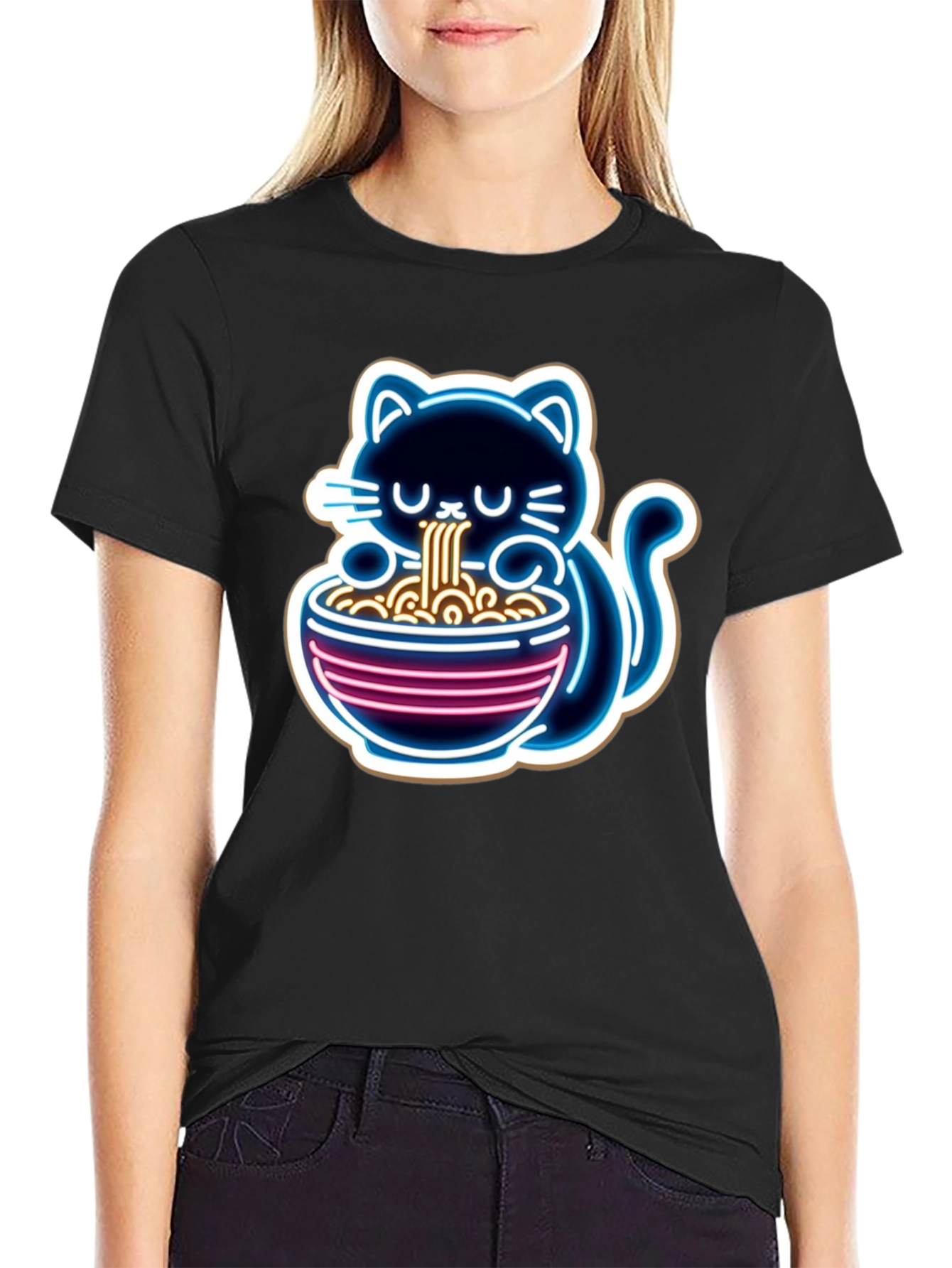 Black Neon Cat Ramen T-Shirt - Unique Graphic Tee view 2