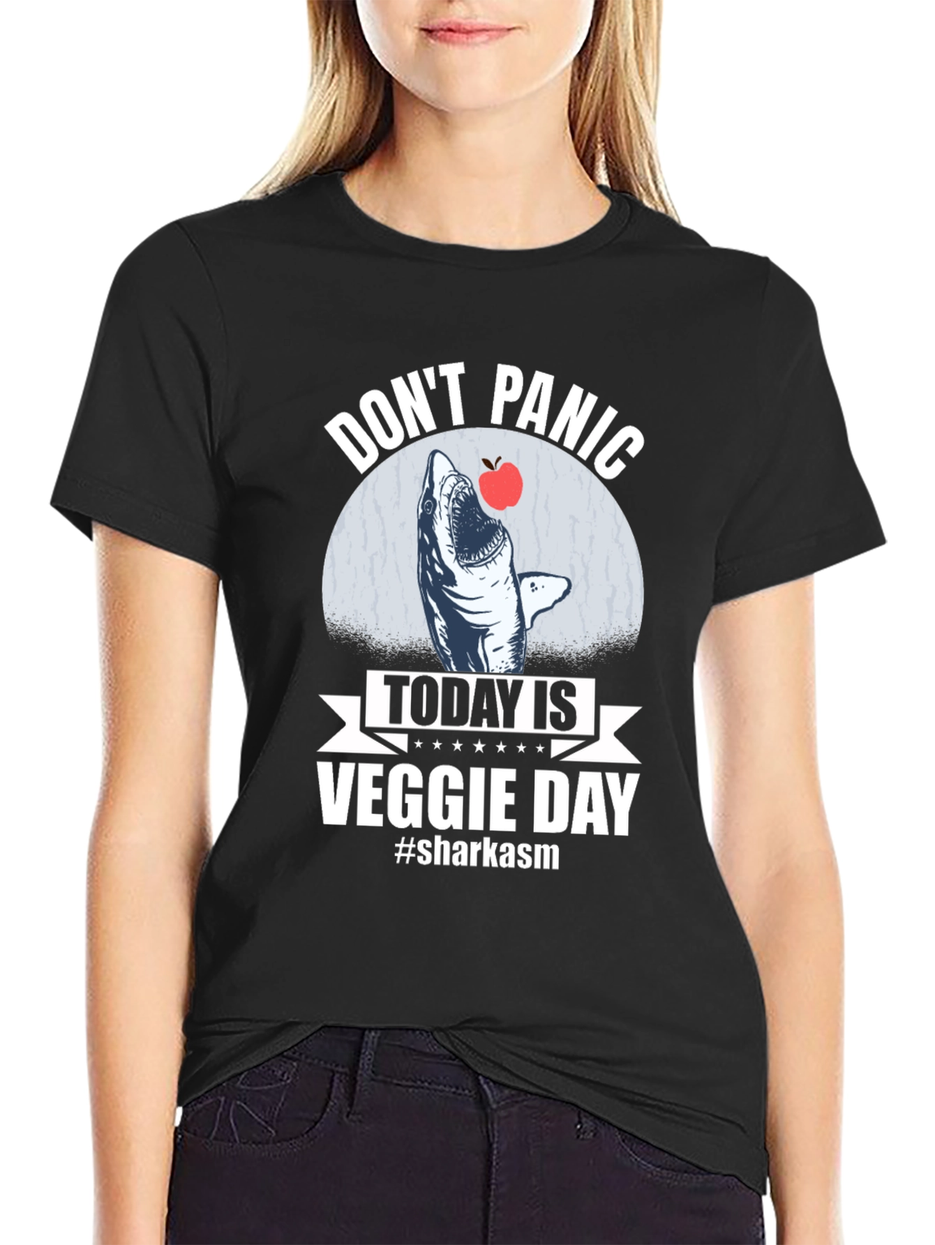 Black Don't Panic Veggie Day Shark T-Shirt view 2