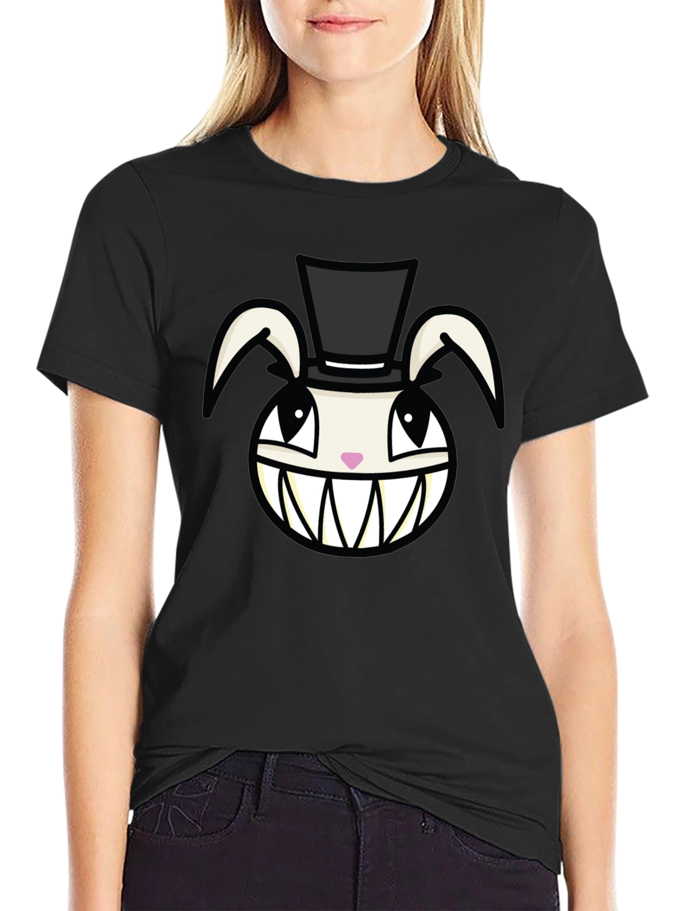 Black Creepy Rabbit Top Hat Graphic Tee - Black view 2